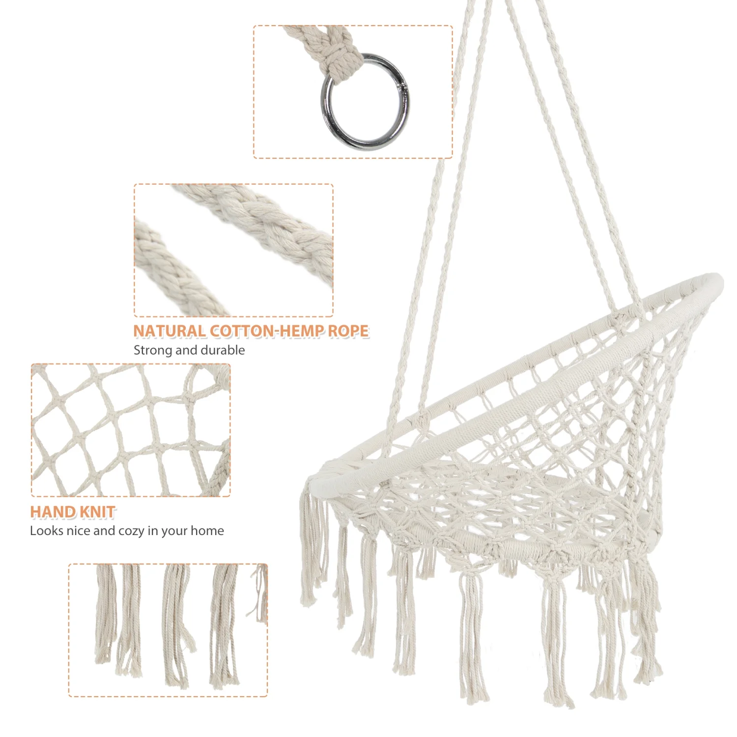 TJCGDTY Hammock Chair Macrame  Max 330 Lbs Hanging Cotton Rope Hammock  Chair for Indoor and Outdoor