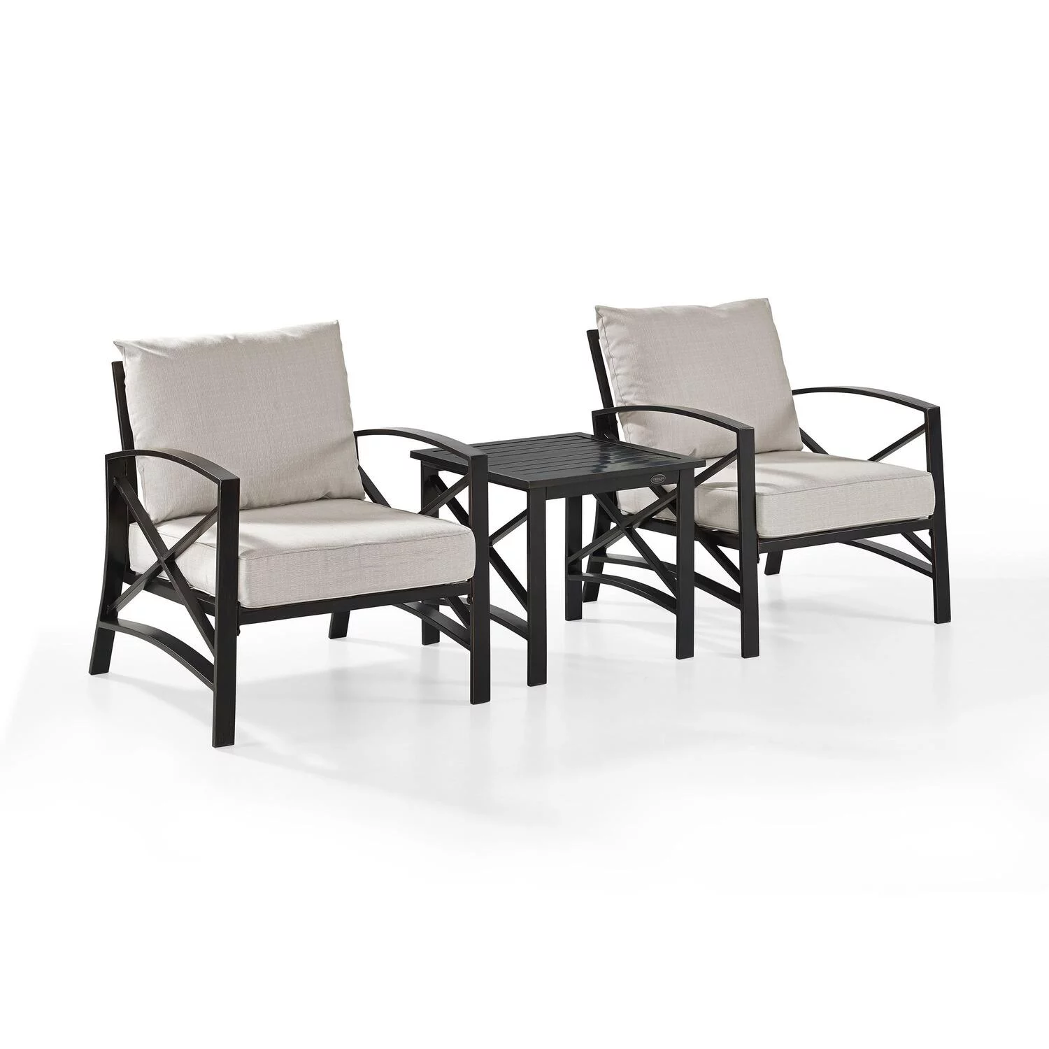 Maykoosh French Flair 3Pc Outdoor Metal Armchair Set Oatmeal/Oil Rubbed Bronze - Side Table & 2 Chairs