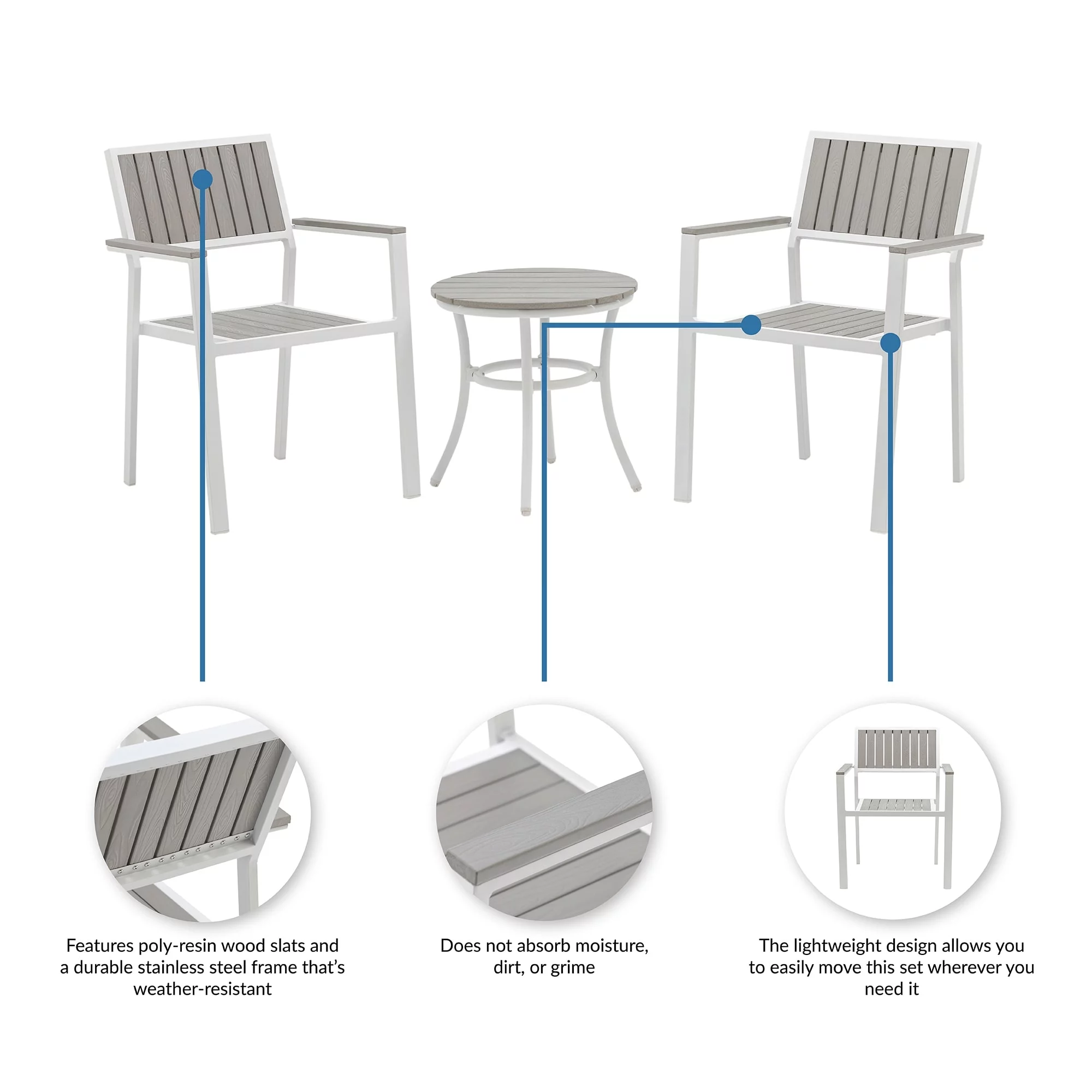 Ez-Care Tek-Wood 3-Piece Steel Patio Set - White and Slate Grey