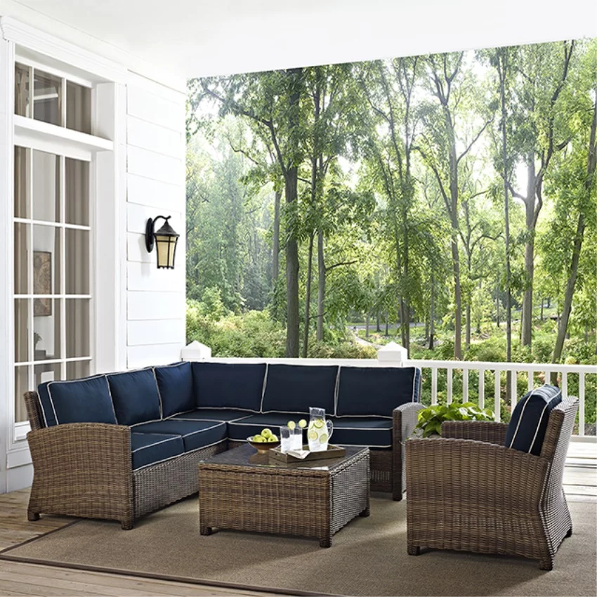 BRADENTON 5-PIECE OUTDOOR WICKER SEATING SET WITH NAVY CUSHIONS - RIGHT CORNER LOVESEAT, LEFT CORNER LOVESEAT, CORNER CHAIR, ARM CHAIR, SECTIONAL GLASS TOP COFFEE TABLE