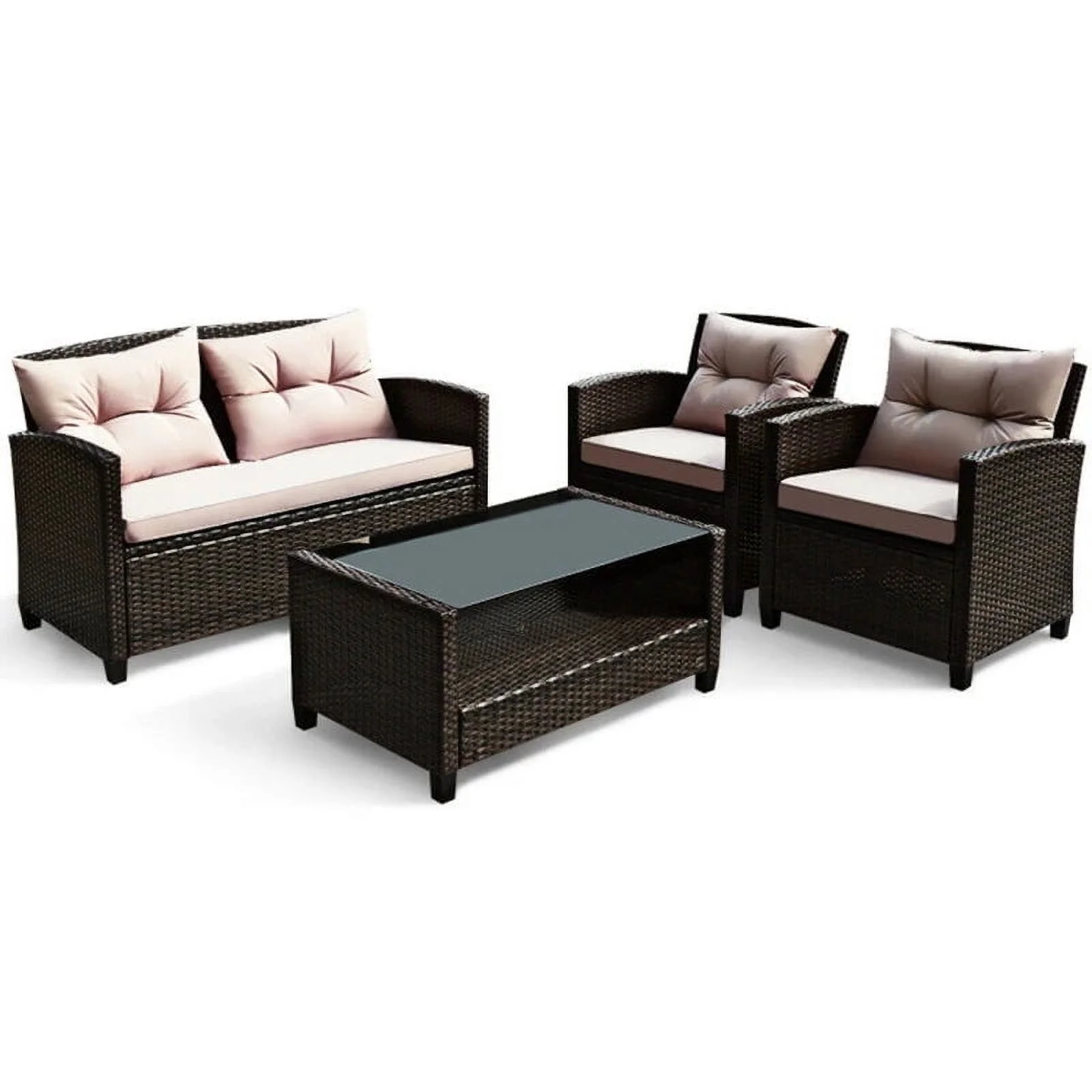 4 Pieces Patio Rattan Conversation Furniture Set with Glass Top Coffee Table Garden Outdoor Sets