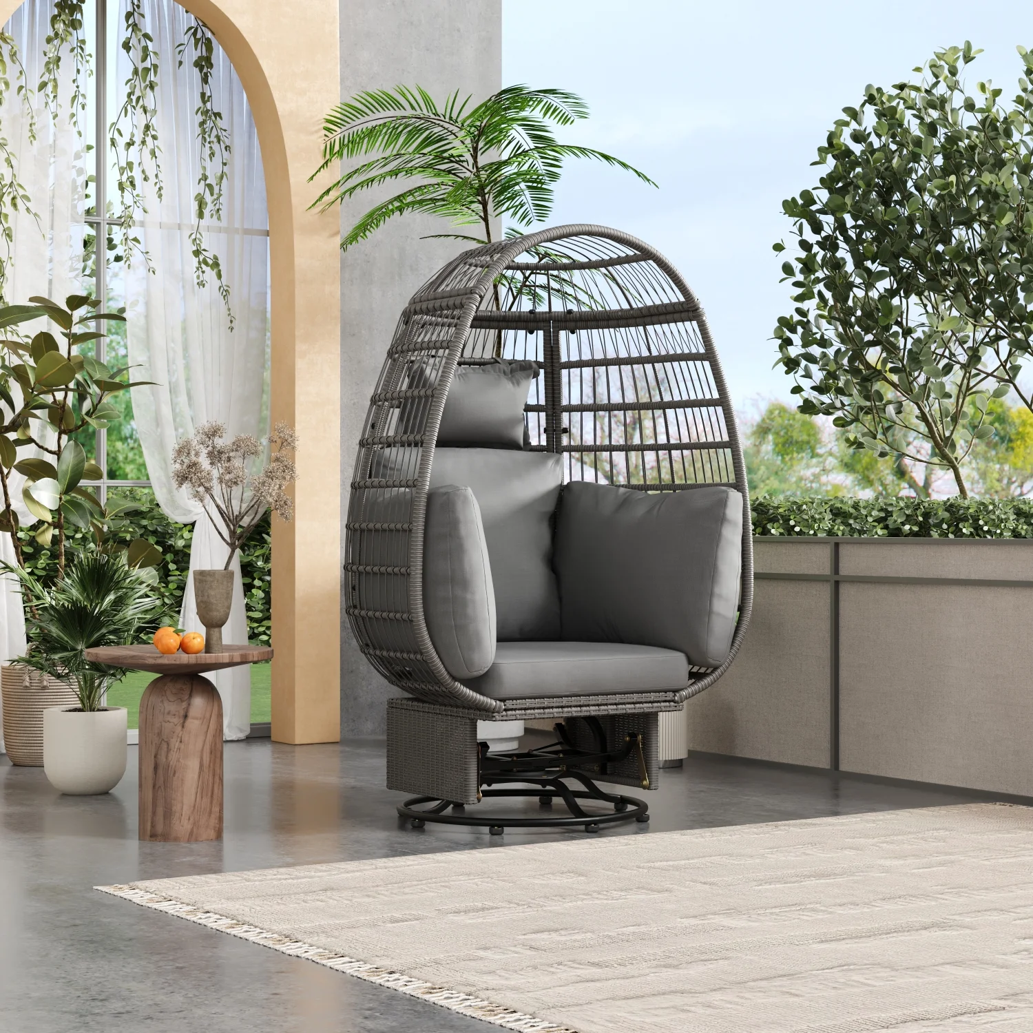 Elegant Grey Rattan Egg Patio Chair with Rocking Function and Cushions for Outdoor Use in Balcony  Garden and Poolside - TREXM Swivel Chair (Grey Wicker + Grey Cushion)