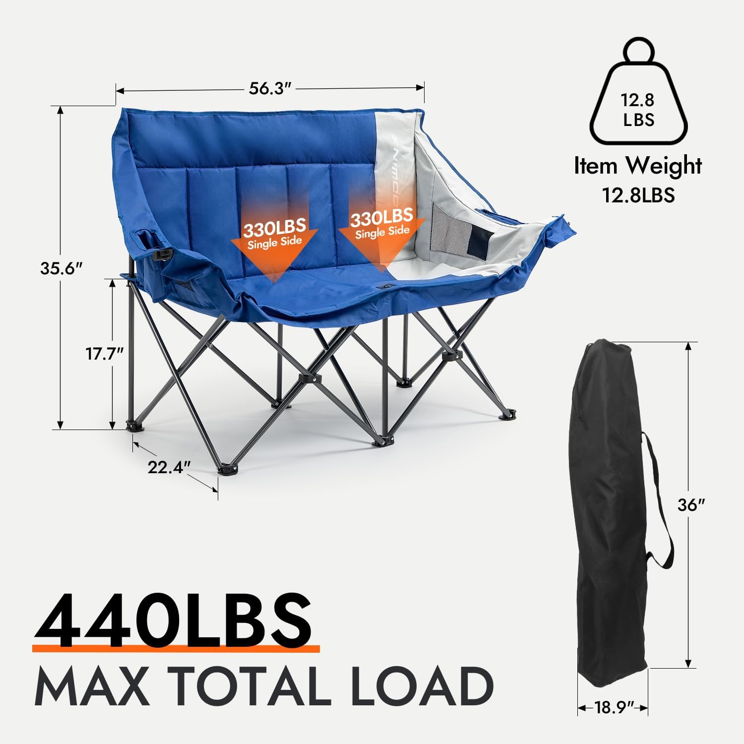 YANRUI Double Camping Chair Portable Folding Outdoor Loveseat with Side Pockets, Lawn Chair Camping Couch for Beach/Outdoor/Patio, Padded Seats & Armrests Supports up to 440lbs, (Blue PRO)