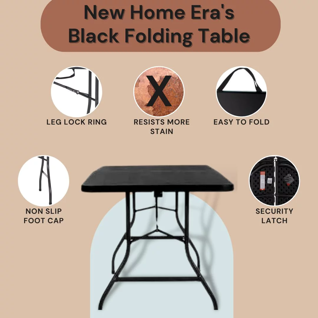 New Home Era 6-Foot Folding Table - 6 ft Plastic Folding Table for Picnics, Parties, Camping � Outdoor Table - Bi-Fold Rectangular Design � Lightweight and Durable - Black