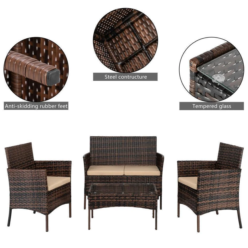 4 PCS Patio Rattan Furniture Set Sofa Chair Coffee Table Brown Gradient Garden