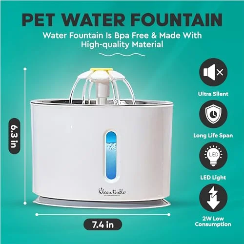Drinking Pet Fountain - Large Capacity, with Extra 4 Filter, Silent & Safe Design & Adjustable Water Flow for Cats, Dogs Automatic Pet Drinking Fountain with 5v Pump 2.4L (80 Oz) White
