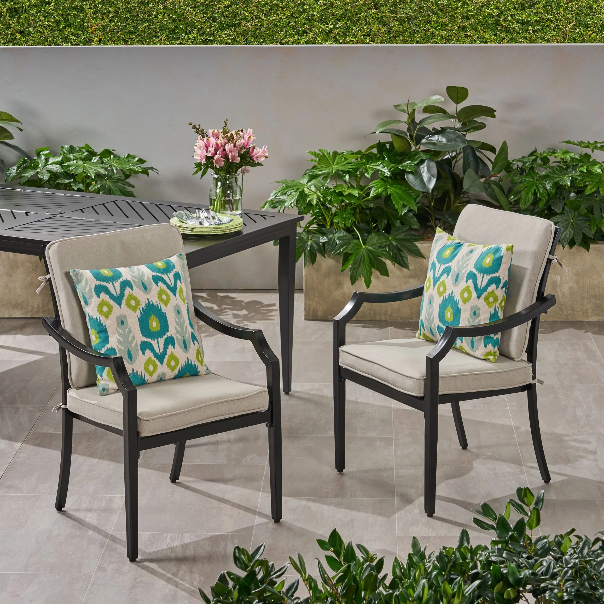 Noble House San Diego Patio Dining Arm Chair in Black and Beige (Set of 2)