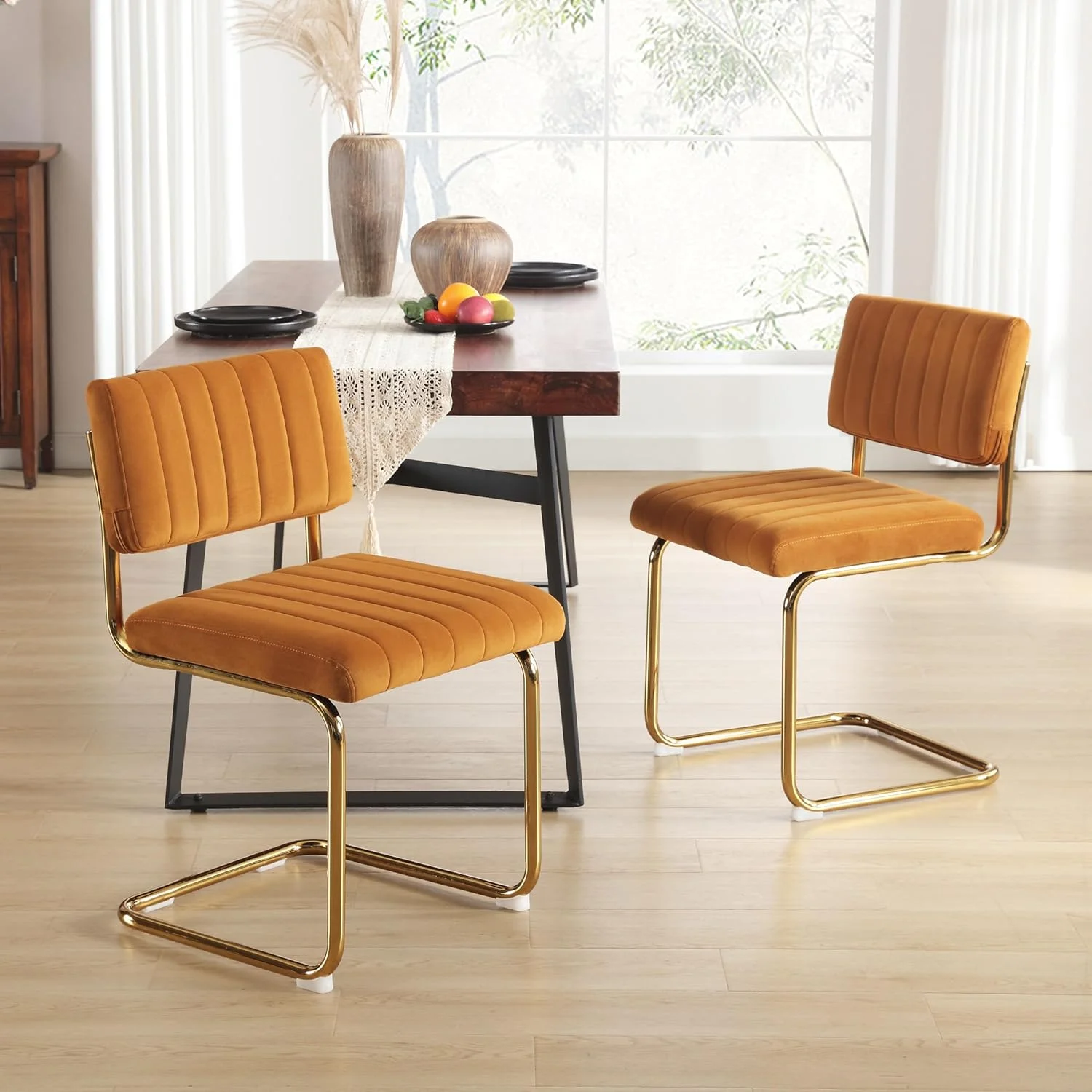 ONEVOG Orange Velvet Dining Chairs Set of 2, Upholstered Kitchen Dining Room Chair, Comfy Green Chair with Gold Metal Legs, Cantilevered Design Chair for Bedroom, Living Room