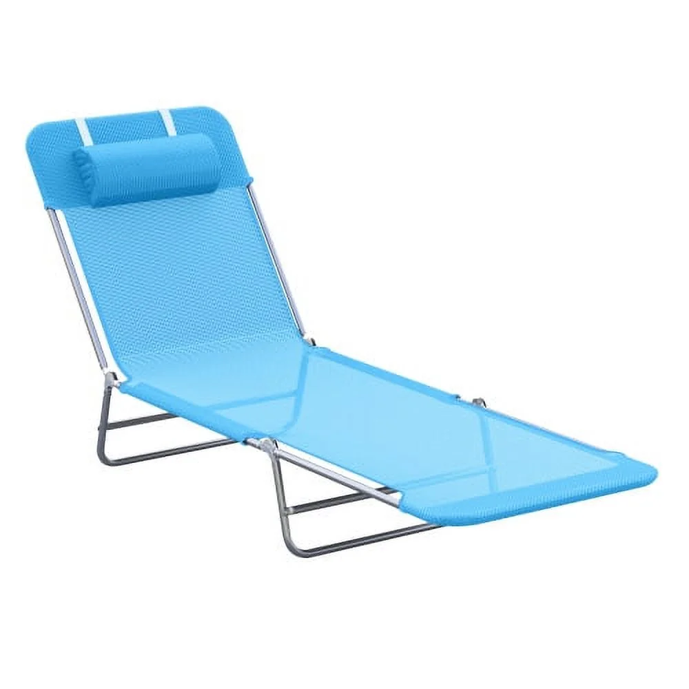 SQEWRED Folding Chaise Lounge Pool Chairs  Outdoor Sun Tanning Chairs with Pillow  Reclining Back  Steel Frame & Breathable Mesh for Beach  Yard  Patio  Blue