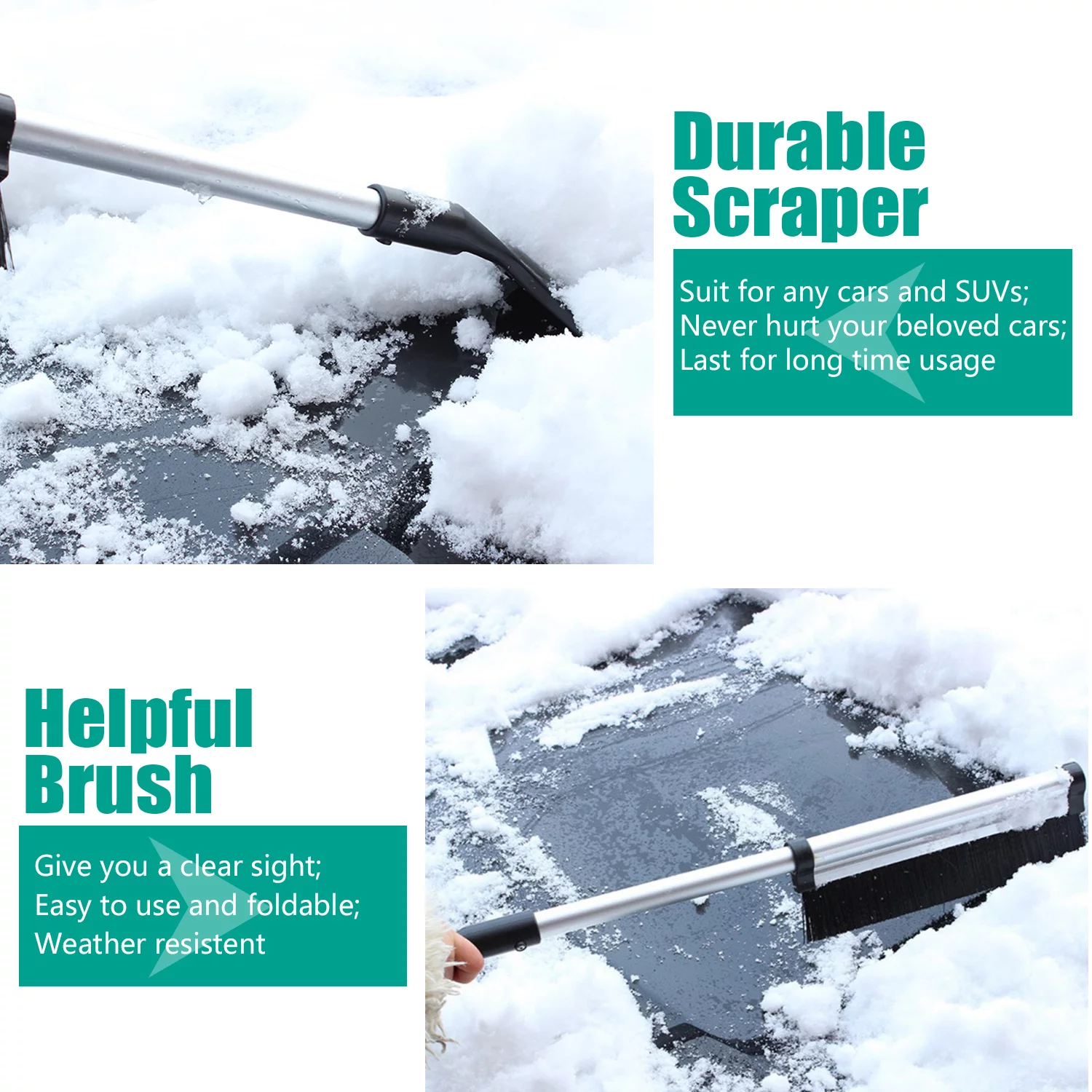 Odoland Foldable Windshield Ice Scrapers Snow Brooms w/ Brush