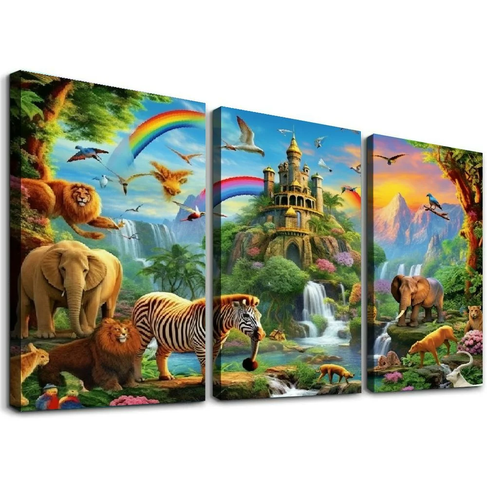 Jiayy Animals Forest Waterfall Art Wall Decor Canvas Print 12x16in x3 12x16x3pcs
