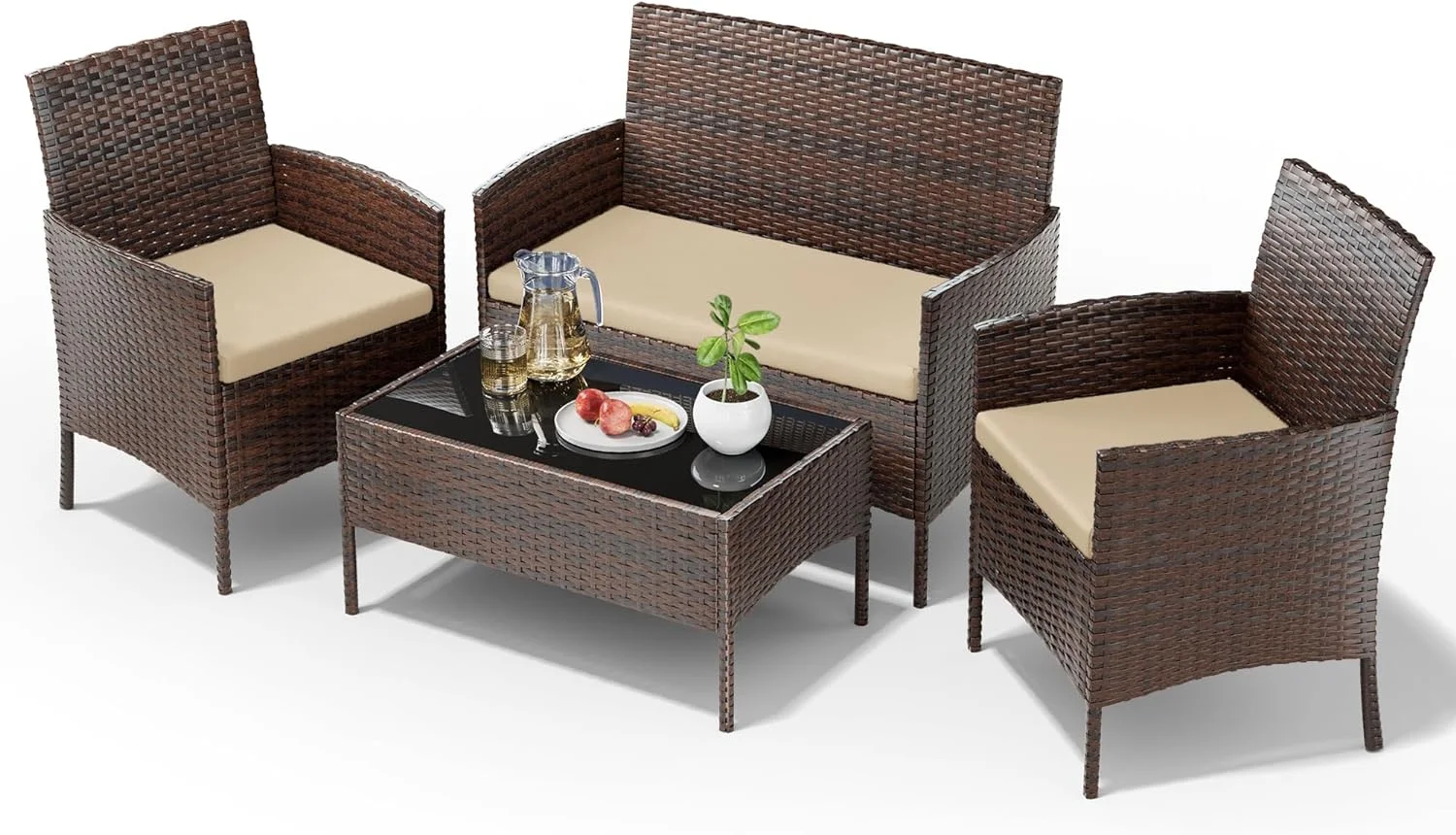 Dina Patio Furniture 4 Pieces Outdoor Wicker Rattan Chair Balcony Conversation Sets Porch Furniture Sectional Loveseat w Cushions and Table for Backyard Pool Garden (Brown-Blue)