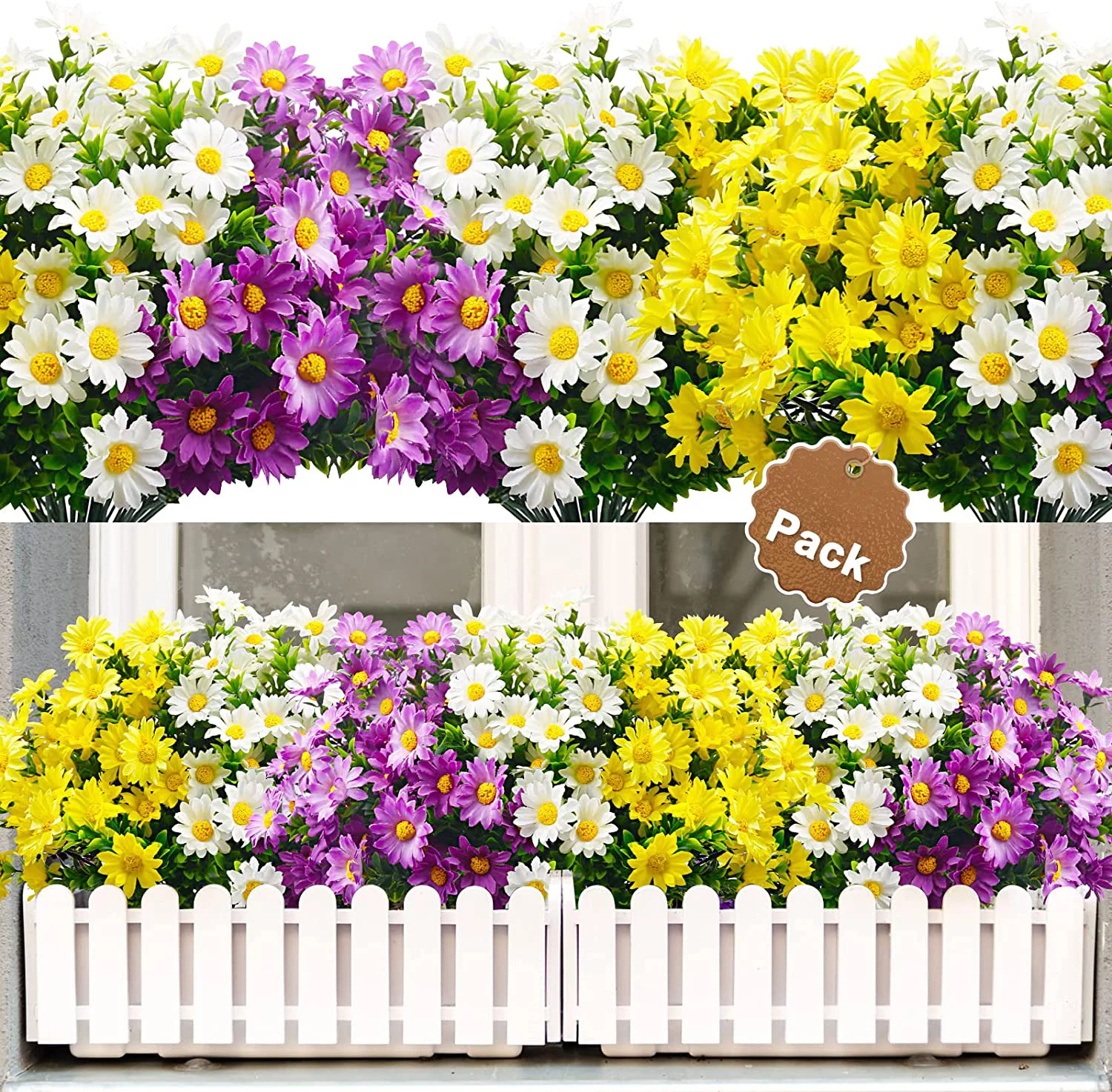 6PCS Artificial Daisy Flowers, Fake Silk Daisy UV Resistant Faux Plastic Greenery Shrubs Plants for Indoor Outdoor Hanging Planter Wedding Porch Window Box Home Garden Décor