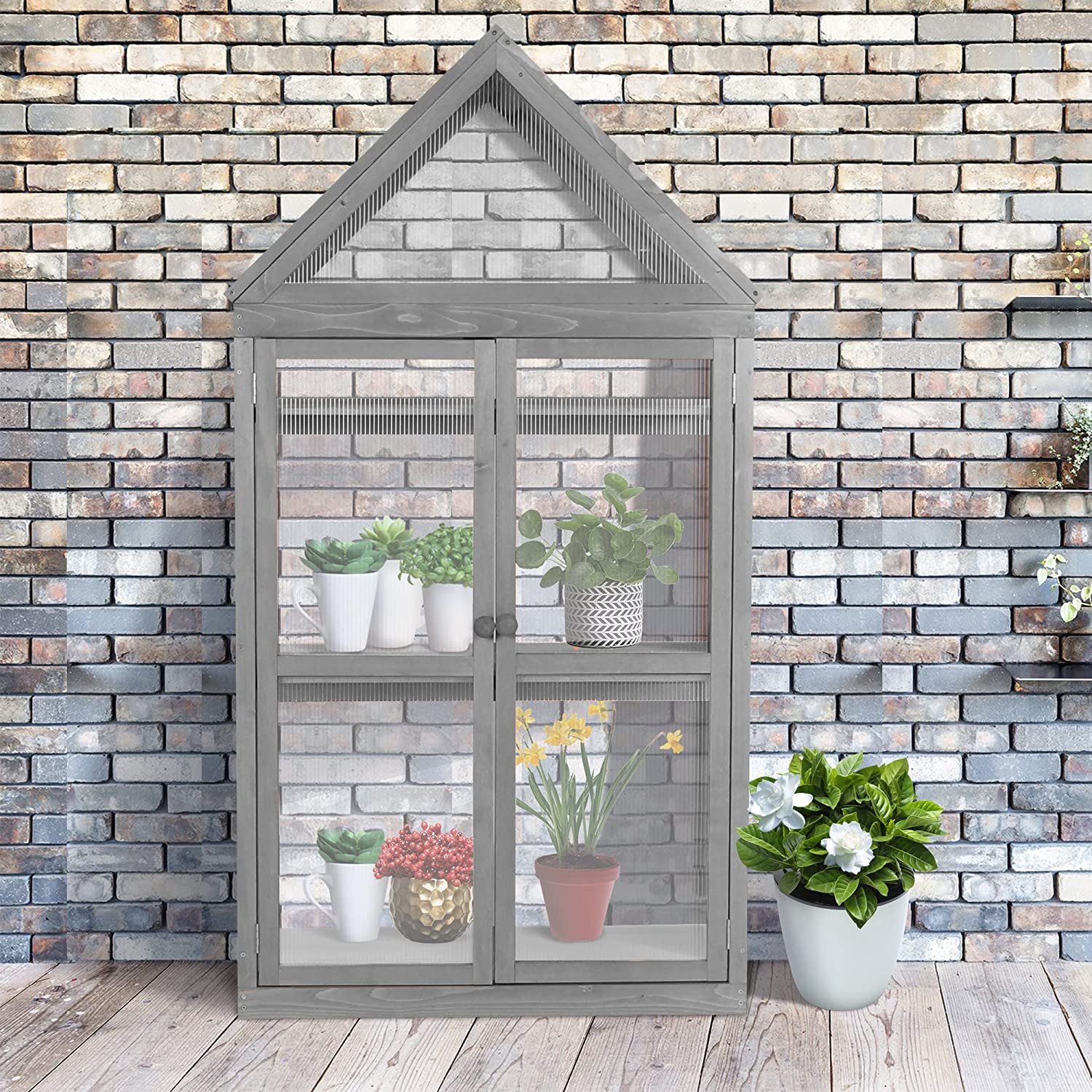 Greenhouse Cold Frame Wooden Garden Raised Flower Planter Shelf with Hard Translucent PC Protection, 0800 (Grey)