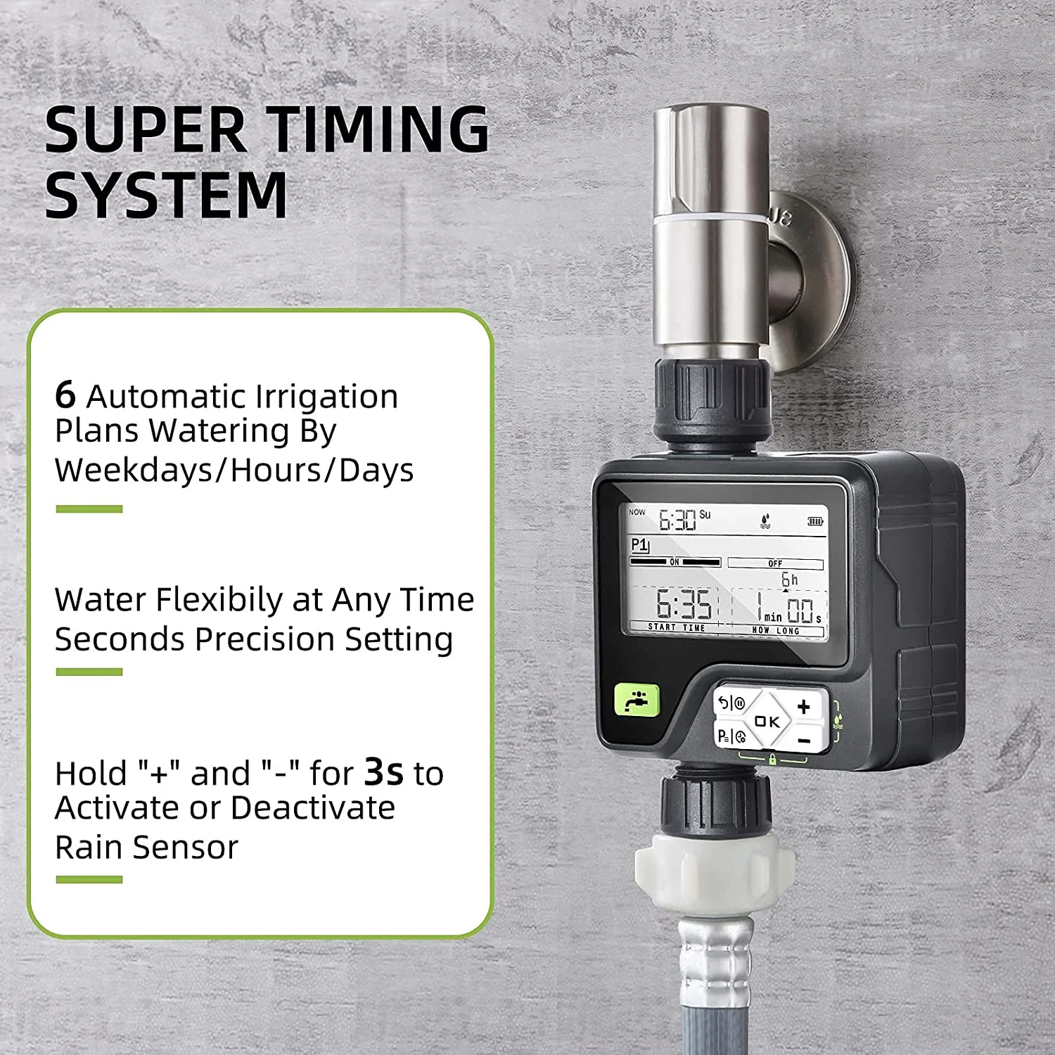 Sprinkler Timer, Rain Sensor Water Timer Garden Outdoor Hose wi Manual/Automatic/Rain Delay Watering System, Hose Timer wi Six Irrigation Modes Memory for Lawn, Garden, Black