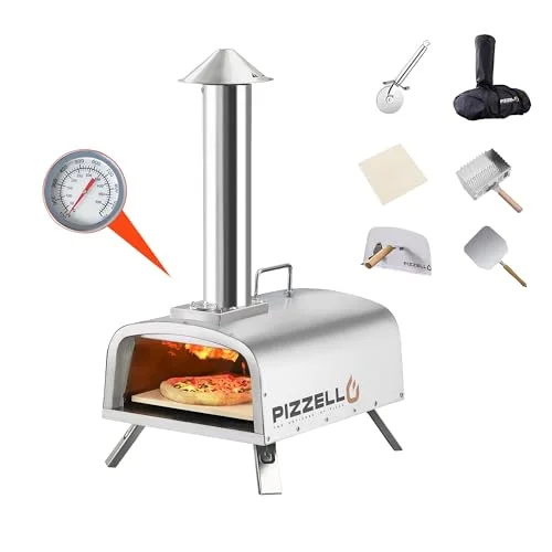 Outdoor Wood Fired Pizza Oven Portable Pellet Pizza Ovens for Outside,Pizza Maker with Pizza Stone, Pizza Peel, Waterproof Cover (Silver)