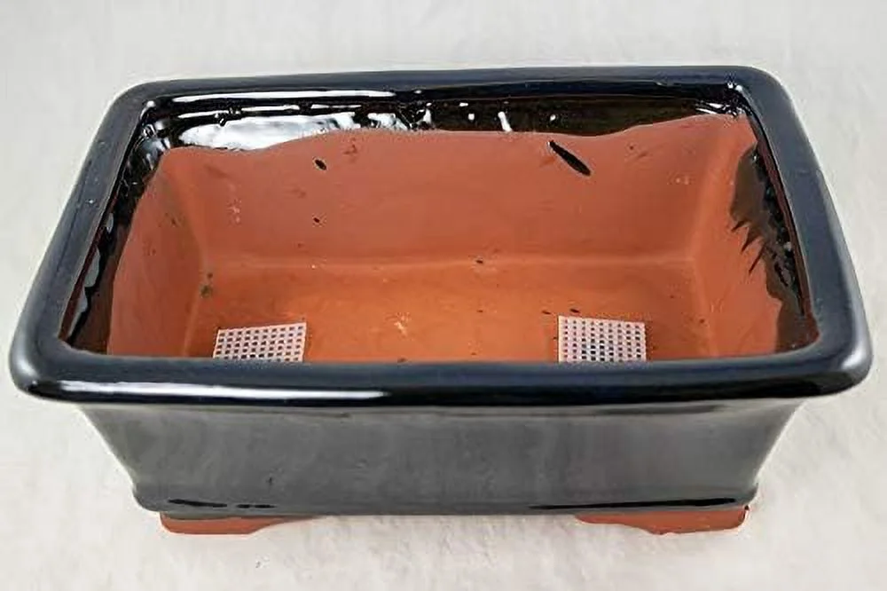 Rectangular Glazed Bonsai Pot, Cactus & Succulent Planter   Mesh 12 inches x 9 inches x 4 inches - Dark Blue Stain