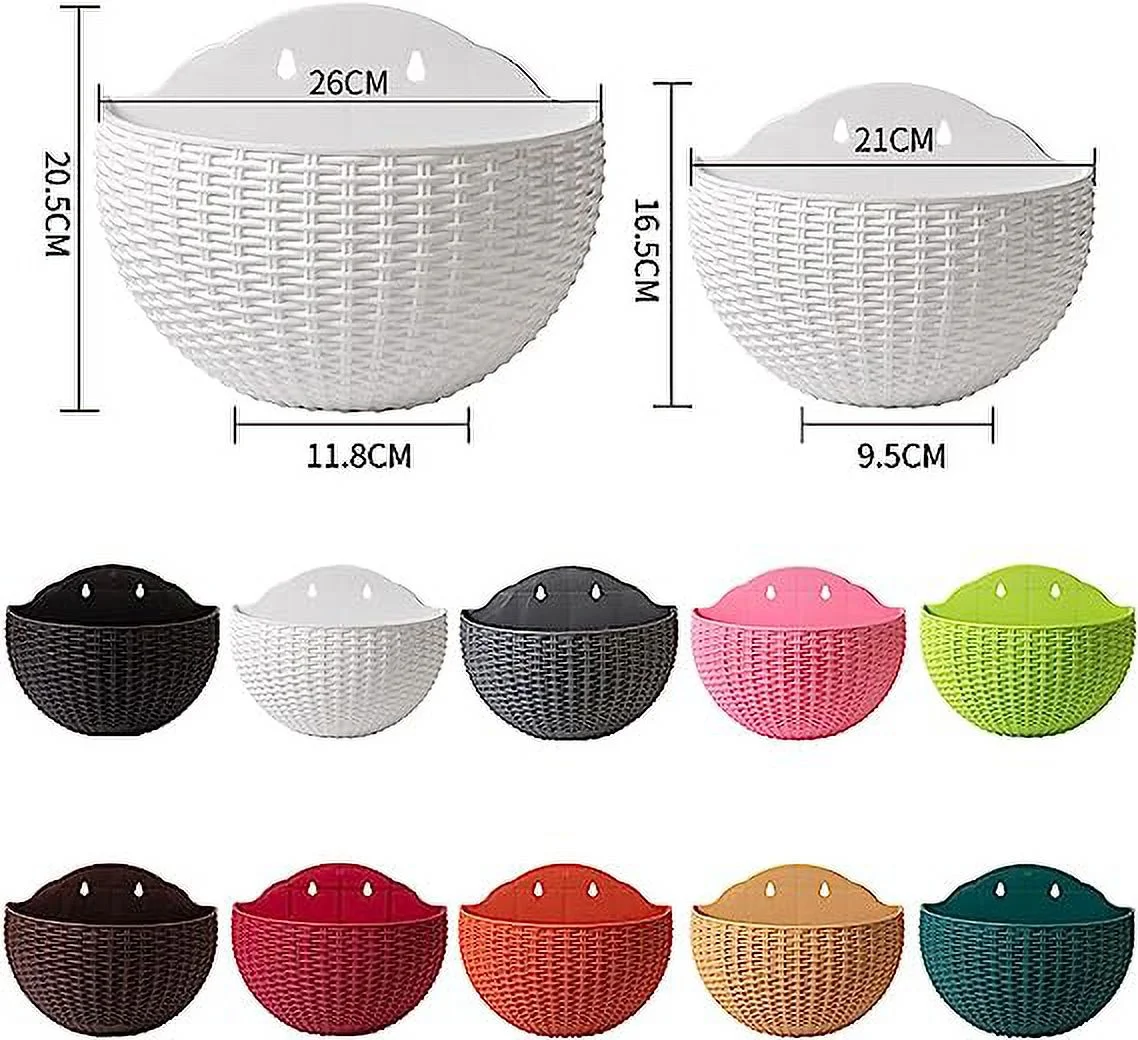 NAMZI 2 Pcs Imitation Rattan Wall Hanging Flower Pot, Semicircle Hanging Planters Outdoor with Drainage Hole and Hooks, Plastic Garden Hanging Basket for Balcony Fence