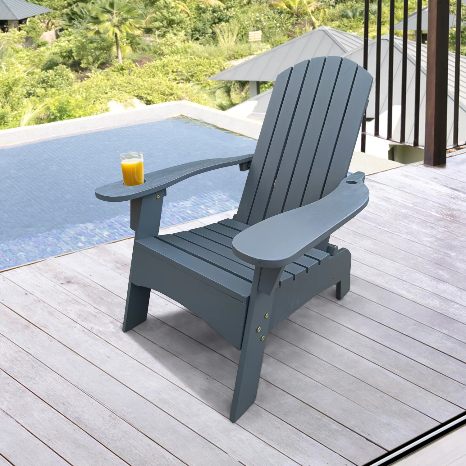 Wood Gray Adirondack Chair with Convenient Arm Hole for Umbrella  Perfect for Outdoor or Indoor Use