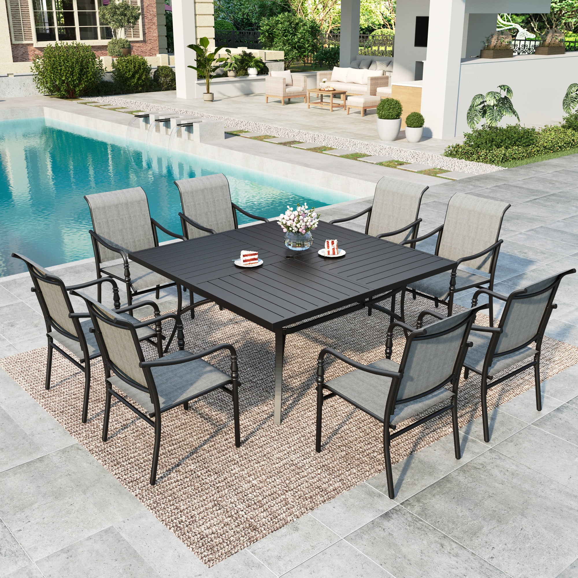 Summit Living 9-Piece Outdoor Patio Dining Set, 8 Textilene Neoclassical Style Armchair & 60
