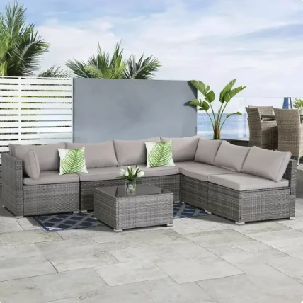 7-Piece Modular Outdoor Patio Furniture Set, PE Rattan Wicker Sectional Sofa with Thick Cushions and Coffee Table, Perfect for Yard, Deck, Balcony, or Poolside