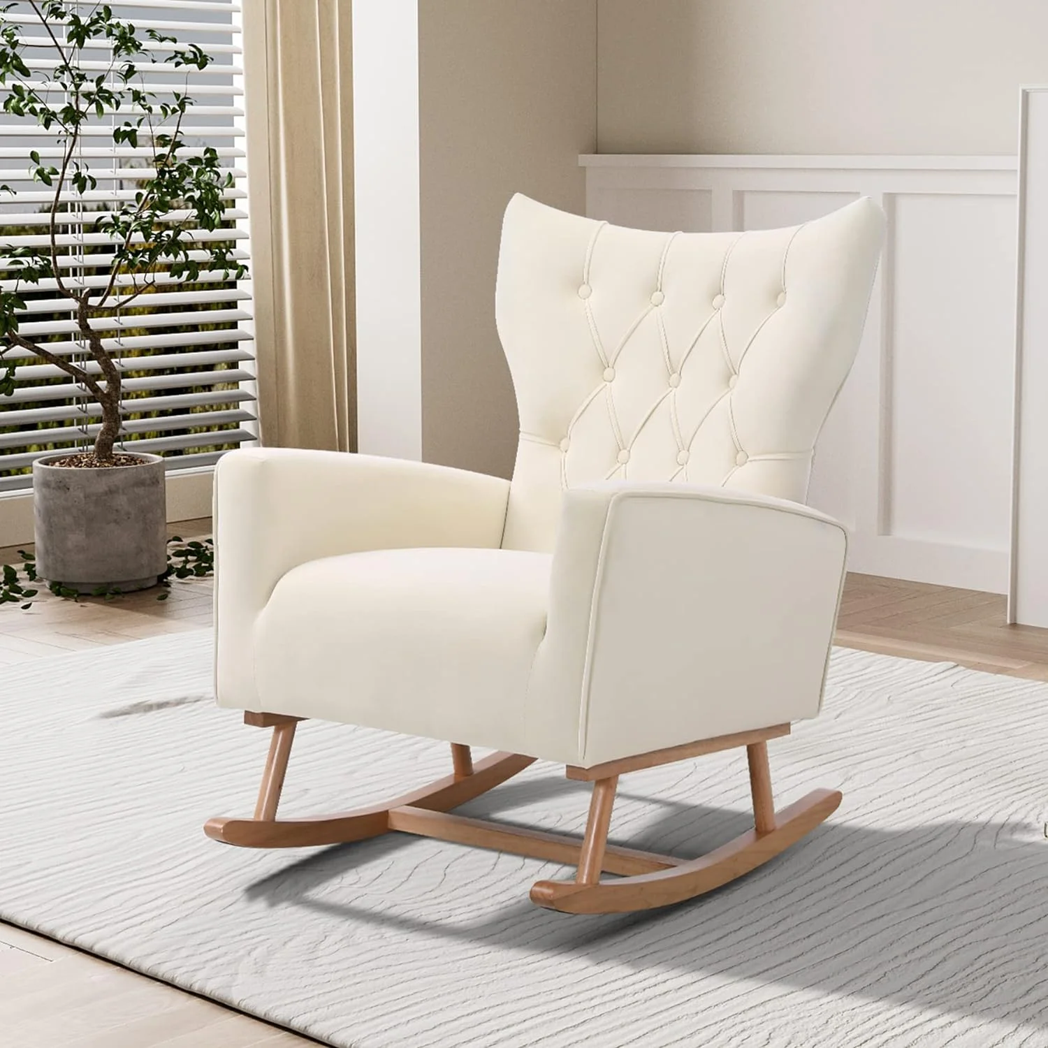 HBROLJF Velvet Nursery Rocking Chairs  Glider Rocker for Baby Nursery with Solid Wood Base   Armchair with High Backrest  Beige