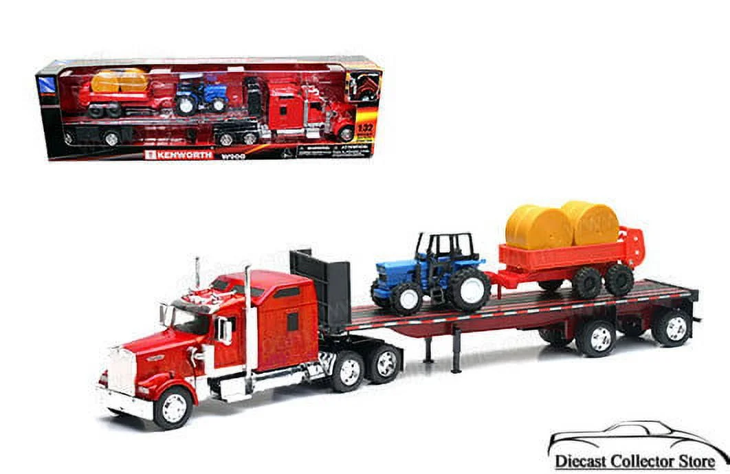 New Ray Toys SS-10353E 1:32 Long Hauler - fits Kenworth™ W900 Flatbed with Farm Tractor and Haybale