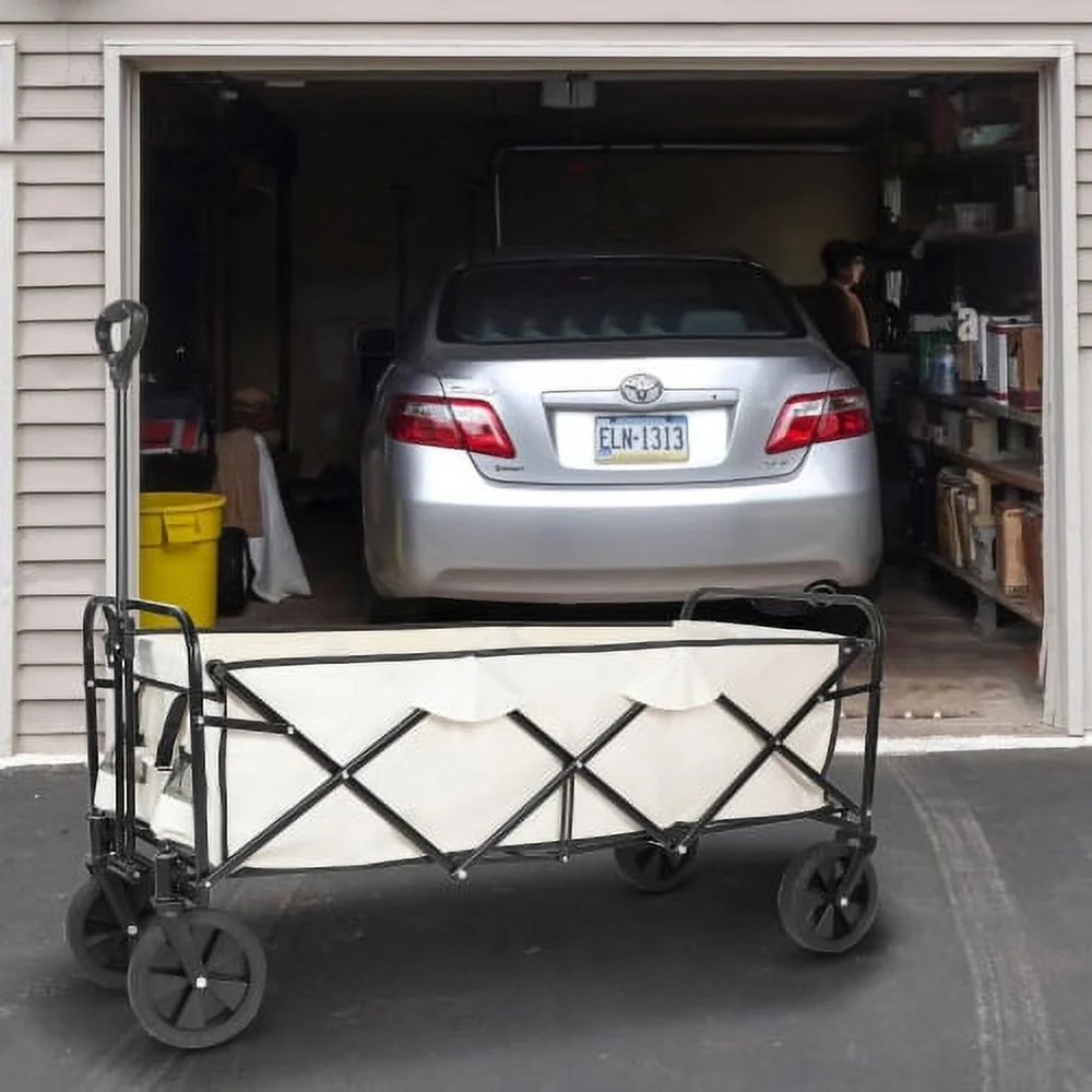 Extended Folding Utility Wagon, 330LBS Heavy Loaded Collapsible Garden Cart with Anti-Slip Wheels, Adjustable Handle and Side Pockets, Large, White, X-Large