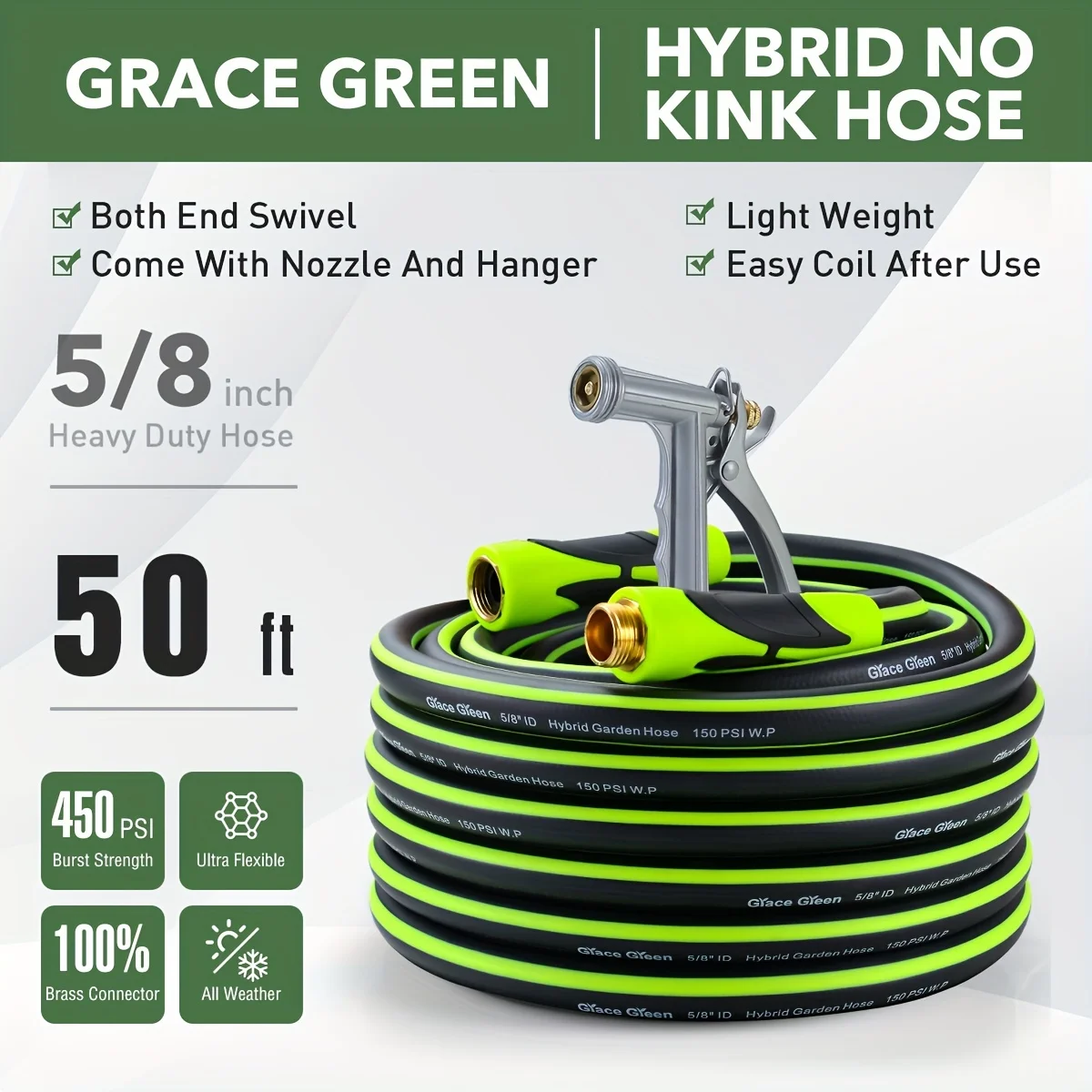 Grace Green Garden Hose, Hybrid 5/8 inch×50FT Water Hose, Both End Swivel, Heavy Duty, Light Weight, Flexible