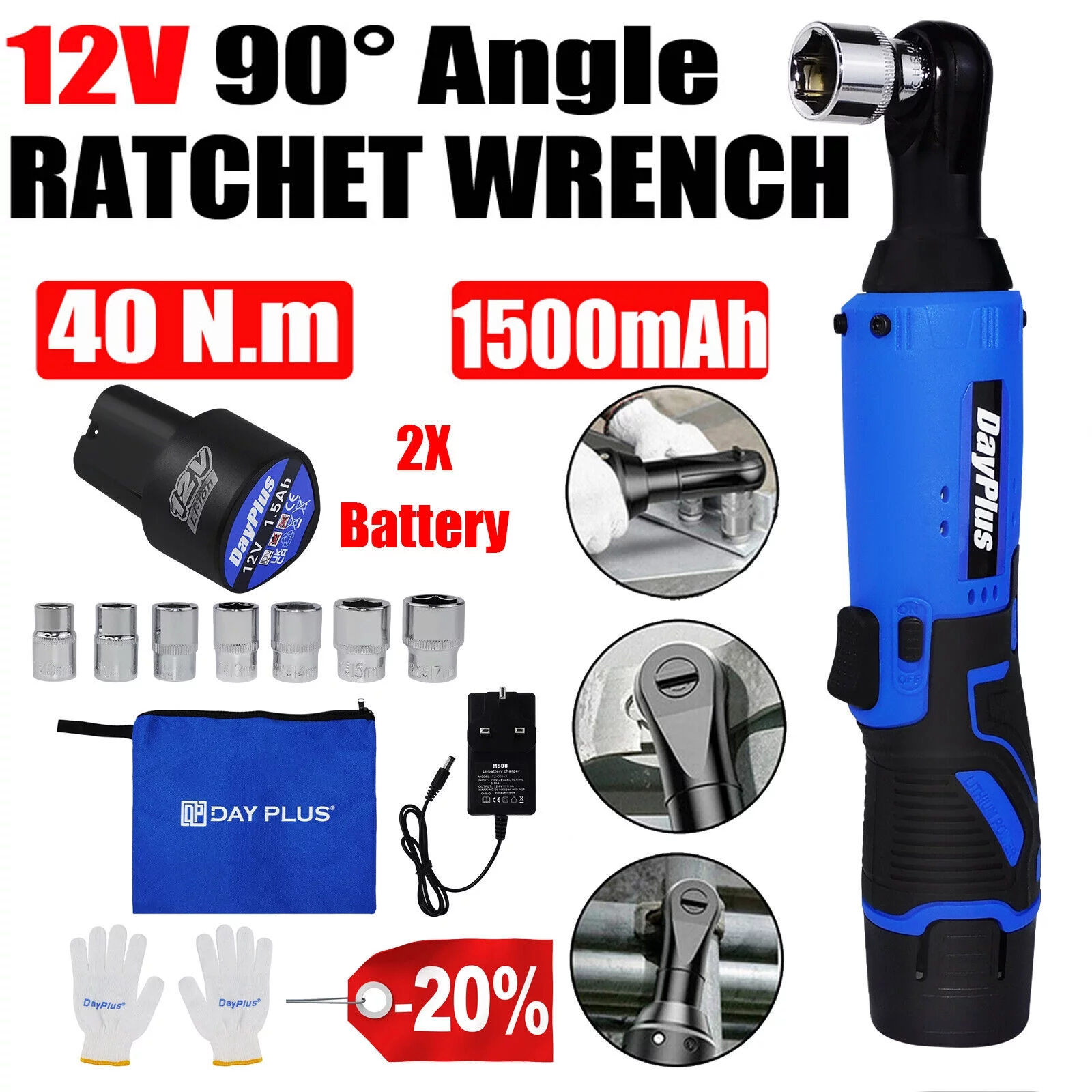 Dayplus 3/8'' Electric Cordless Ratchet Right Angle Wrench Tool Set + 2 Battery + Socket