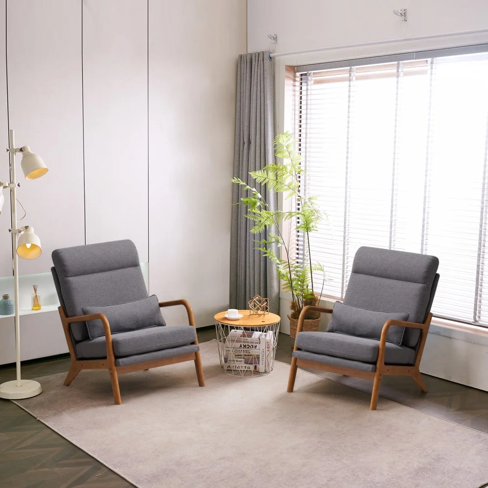 YAHAOLHGD Leisure Chair High Back Solid Wood Armrest Backrest Iron Frame Linen Grey