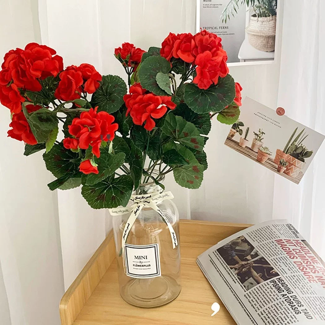 Ruibeauty 5Pcs Artificial Geraniums Silk Flowers Outdoor Home Decor Garden Plants Bush,Red, 14.4inch