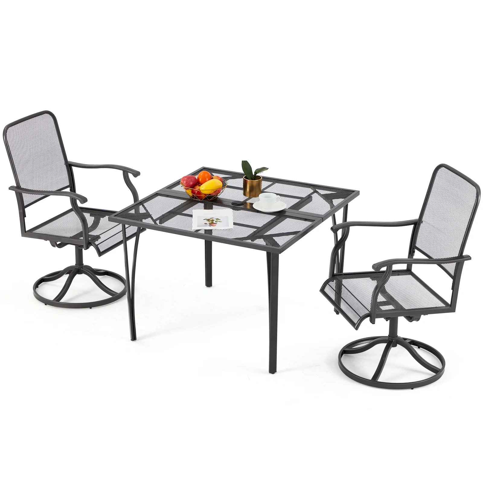 AECOJOY 3-Piece Outdoor Patio Dining Set, Outdoor Furniture Bistro Set with 2 Patio Swvivel Rocking Chairs and 1 Square Patio Metal Table for Yard Garden Backyard Poolside, Dark Gray