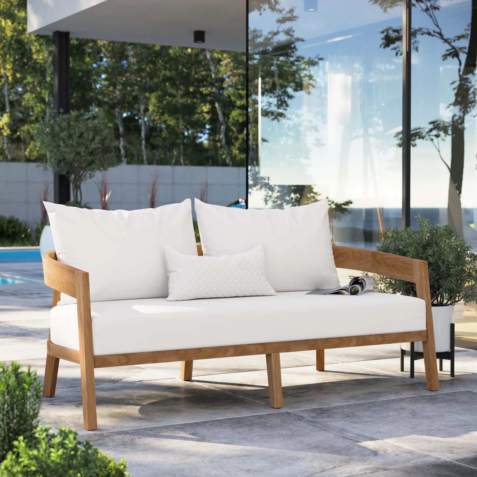 Lounge Loveseat Sofa, White Natural, Teak Wood, Fabric, Modern Contemporary, Outdoor Patio Balcony Cafe Bistro Garden Furniture Hotel Hospitality