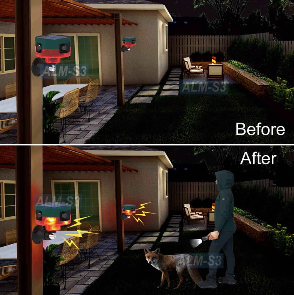 360-Degree Solar-Powered Motion Activated Alarm With IR Remote For Day/Night Outdoor Indoor Use Support Sound Recording