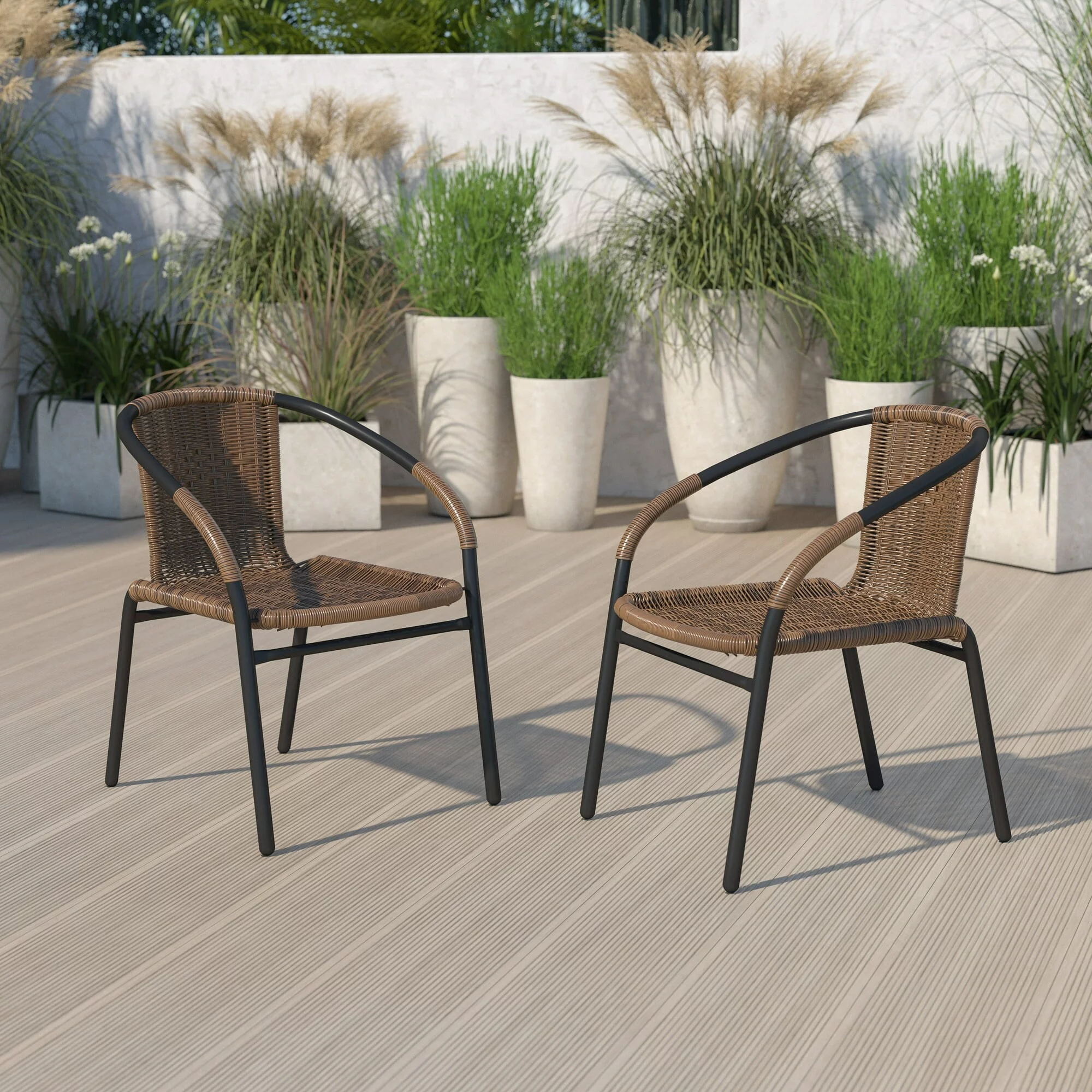 2 Pack Black Rattan Indoor-Outdoor Restaurant Stack Chair Brown