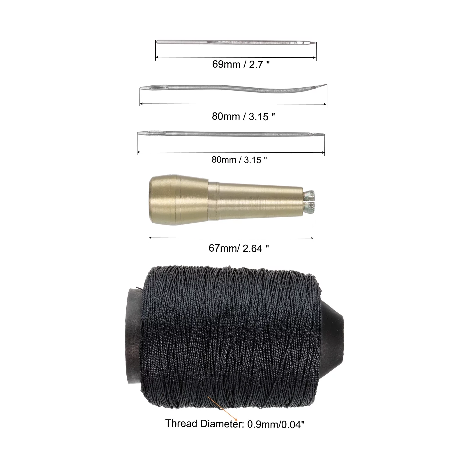 Uxcell Shoe Repair Tool Sewing Set with Black Lines Thread, 3 Needle Sewing Awl, Copper Handle 5in1 Set