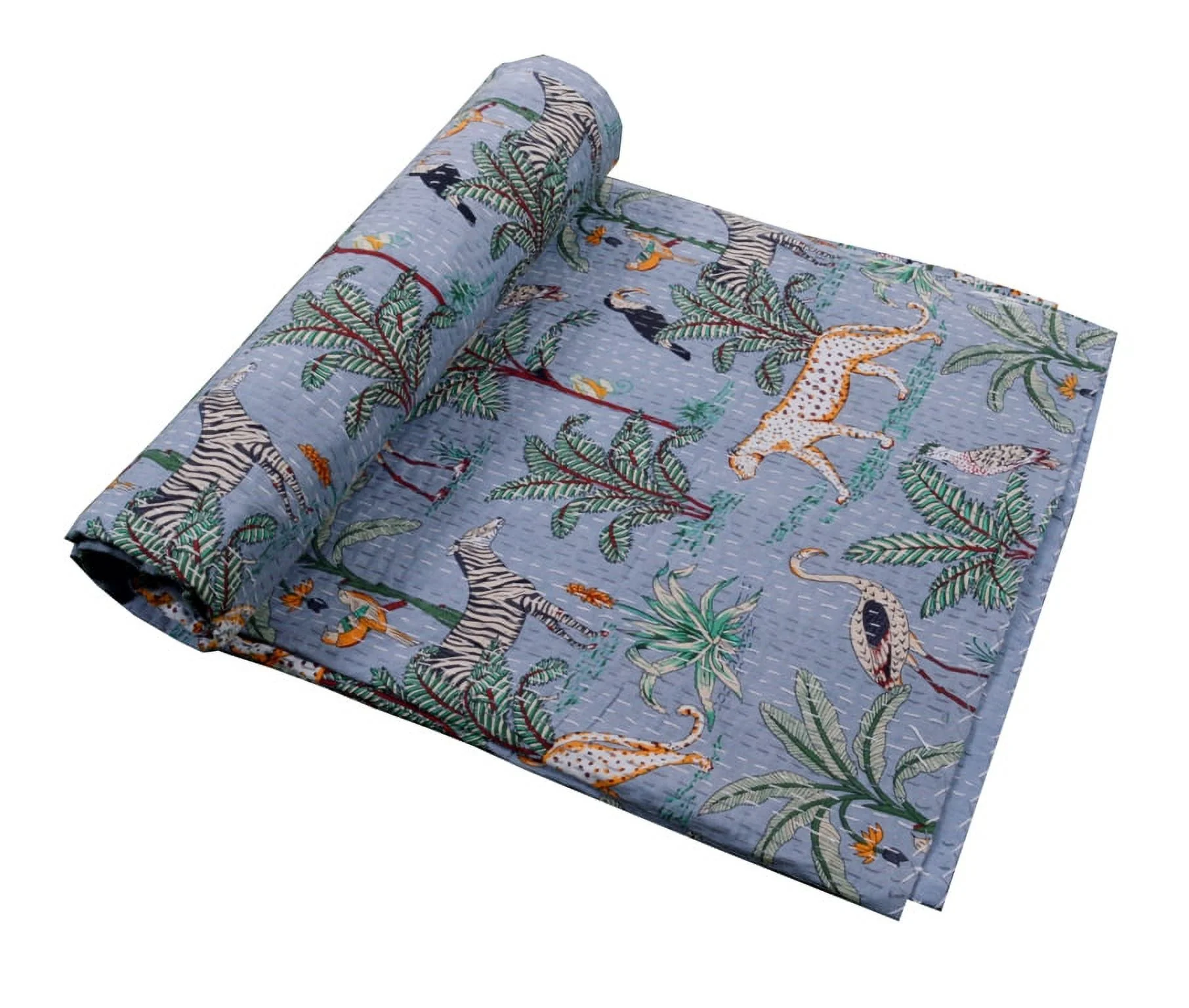 Indian Block Print Queen Size Kantha Quilt Handmade Throw Reversible Blanket Jungle Print Grey Colour