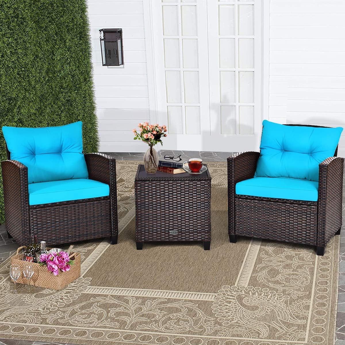 3 Piece Patio Furniture Set, Wicker Bistro Conversation Set W/ 2 Cushioned Armchairs & Glass Topped Table, Outdoor Rattan Sofa Set Patio Furniture For Porch Balcony Poolside (Turquoise)