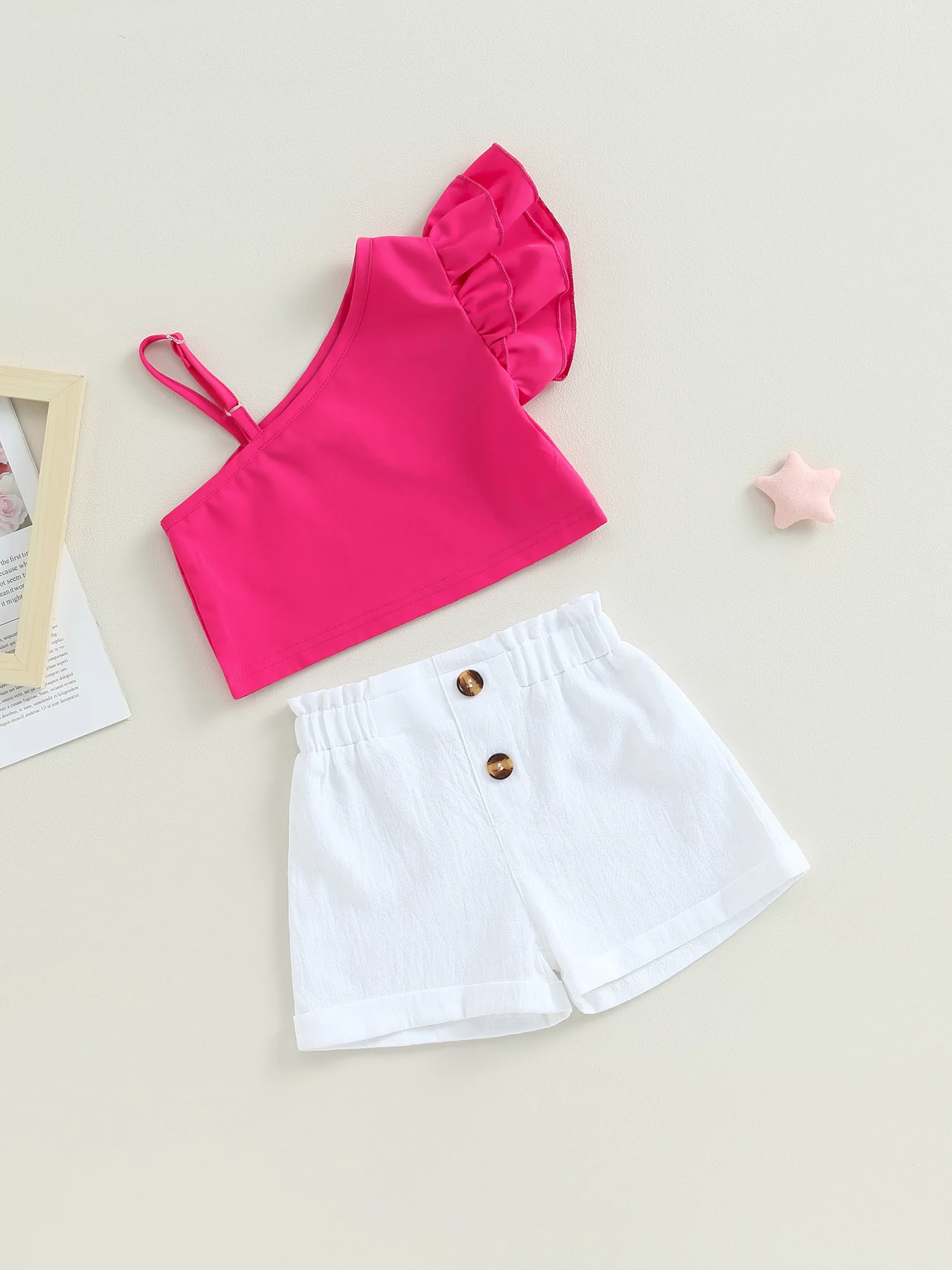 1-6Y Kids Girls 2Pcs Summer Outfits Set Ruffle Sleeve Asymmetric Strap Shirt Tops Shorts Set Children's Outfits Sets