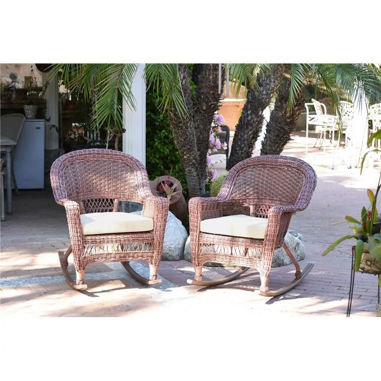 W00205R-C-2-FS001 Honey Rocker Wicker Chair with Ivory Cushion - Set of 2