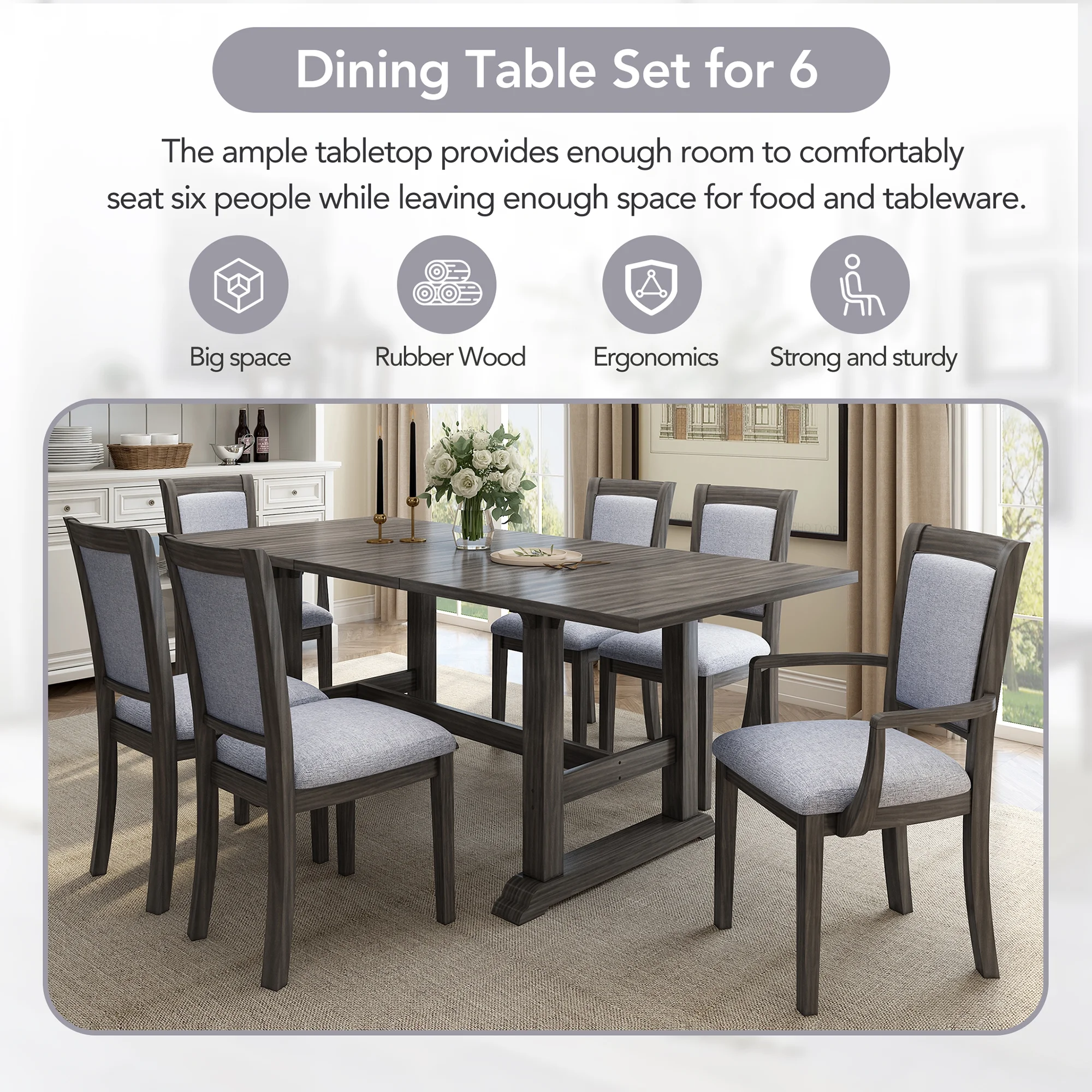 HighSound 7-Piece Updated 76.9inch Extendable Trestle Dining Table Set with Removable Leaf, Kitchen Table Set with Upholstered Side Chair and Arm Chair, Set of 6, Grey