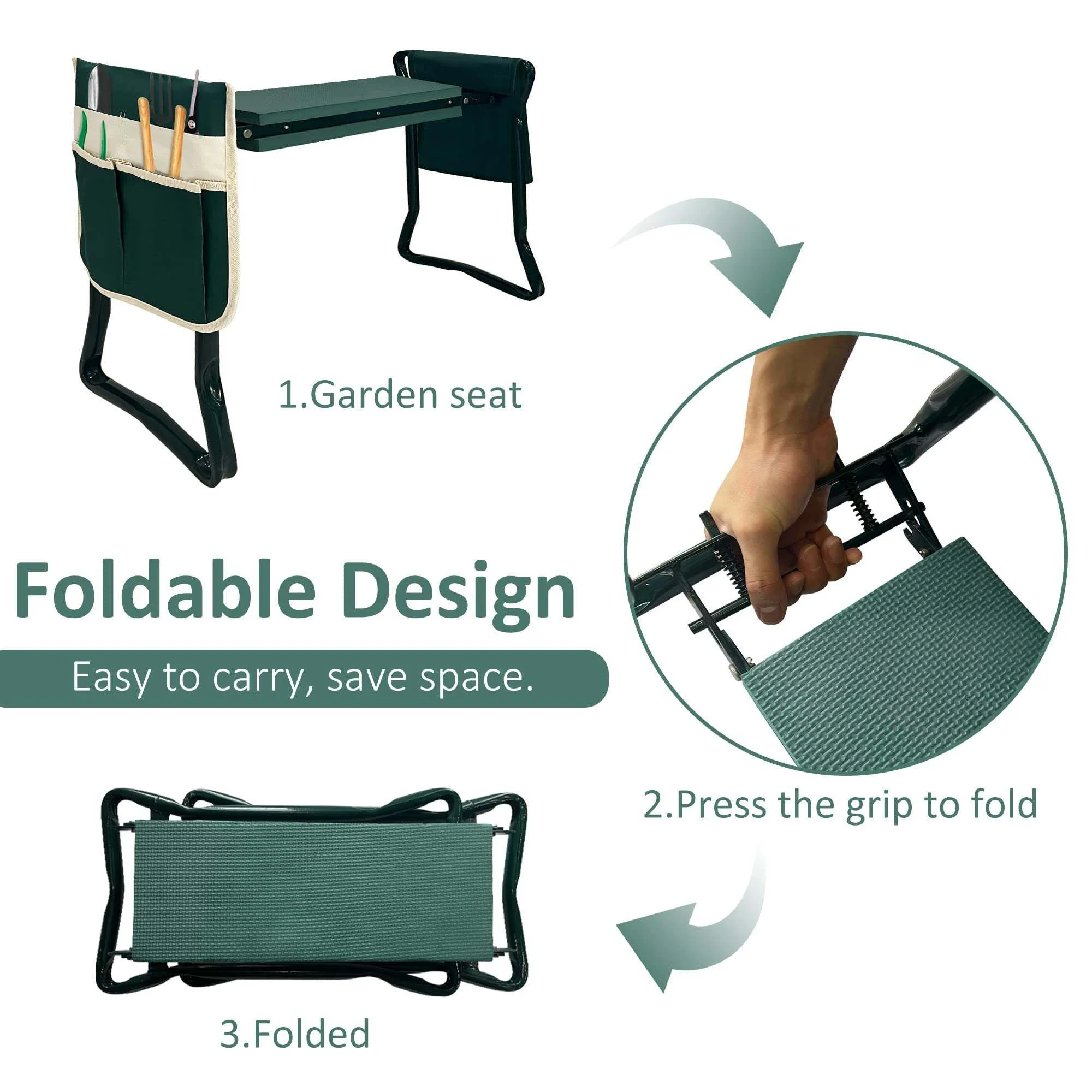 Foldable Garden Kneeler with Tool Pouches - Green - Make Gardening Easy