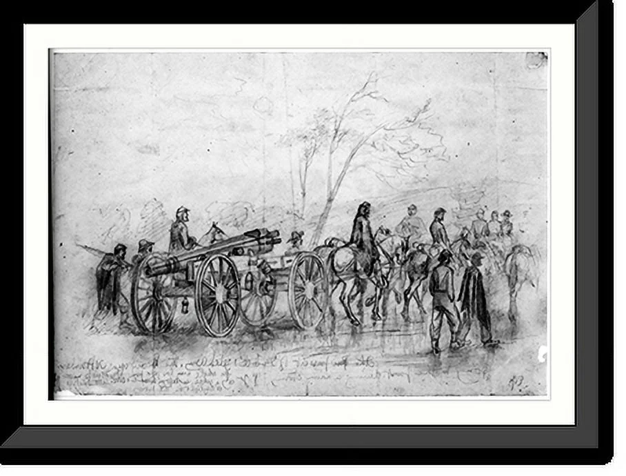 Historic Framed Print, The pursuit of Gen. Lee's rebel army. The heavy guns - 30 pounders - going to the front during a rain storm.E.F., 17-7/8