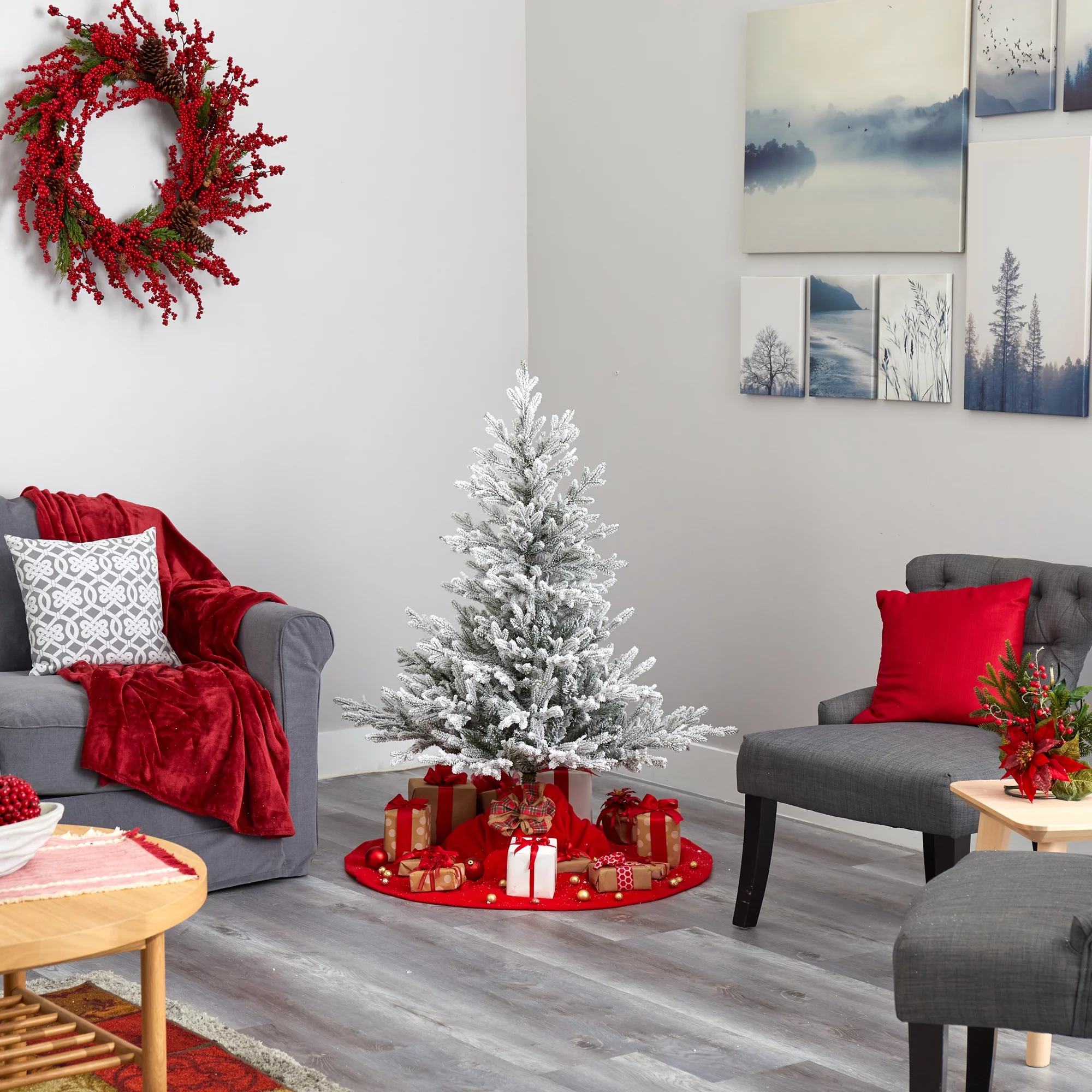 Nearly Natural 4' Green Fraser Fir Flocked Artificial Christmas Tree Prelit 300 Warm White Lights