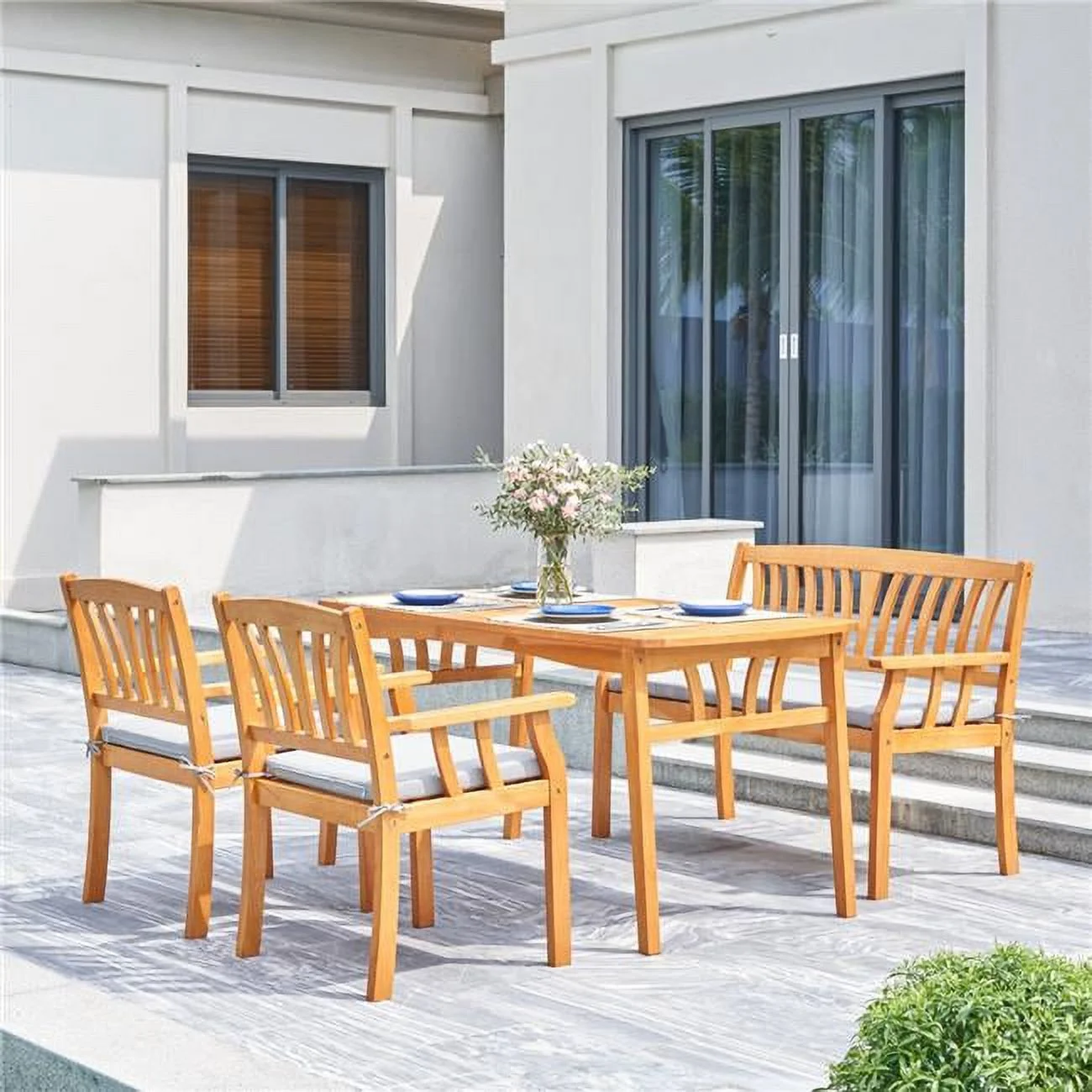 VIFAH  Kapalua Honey Nautical 4-Piece Wooden Outdoor Dining Set with Bench