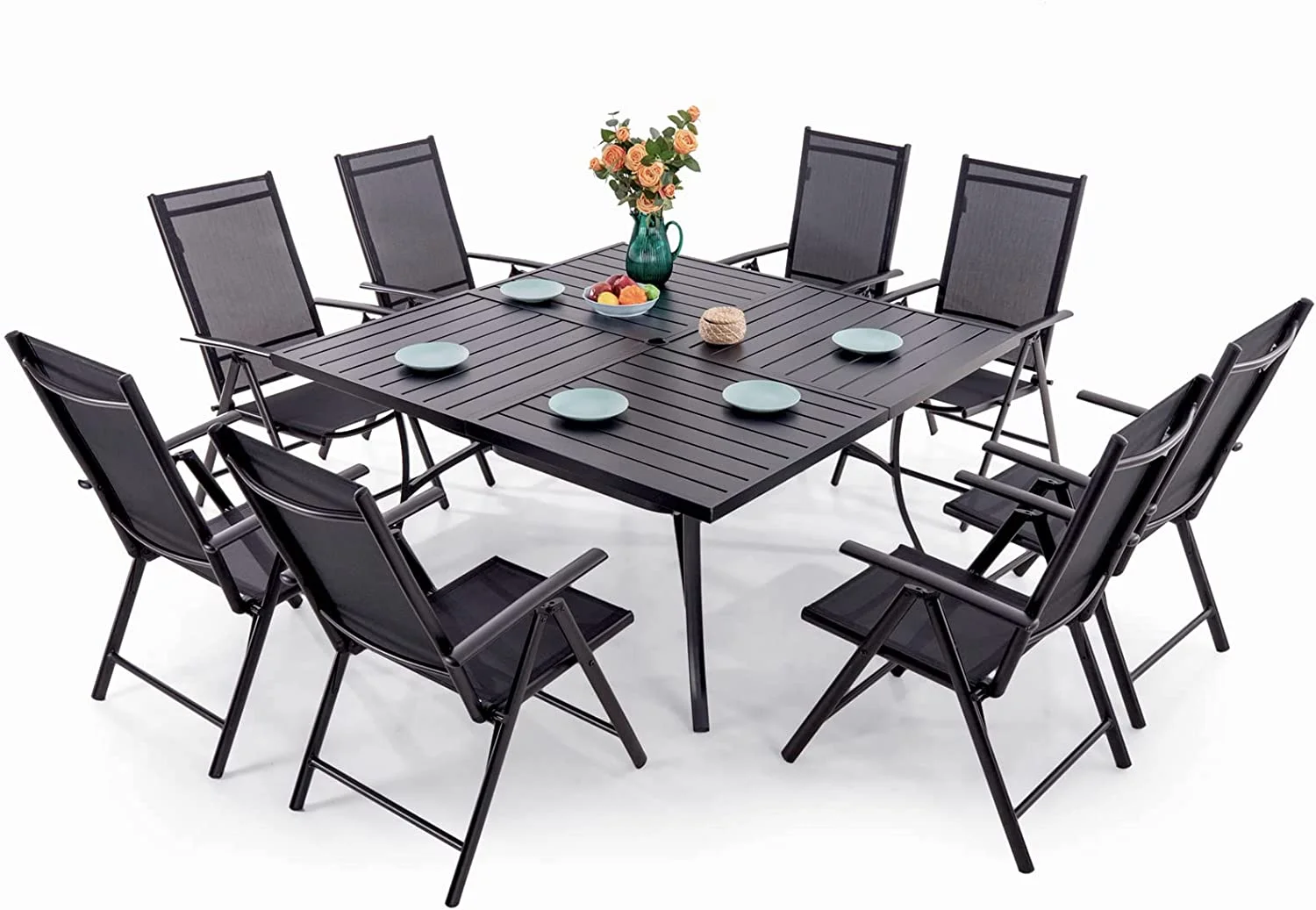 & William 9 Pieces Patio Dining Set for 8  Outdoor Furniture with 1 X-Large E-Coating Square Metal Table and 8 Black Portable Folding Sling Chairs  Outdoor Table & Chairs for Porc