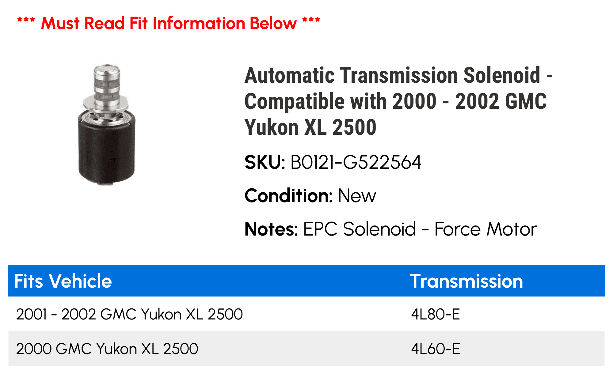 Automatic Transmission Solenoid - Compatible with 2000 - 2002 GMC Yukon XL 2500 2001