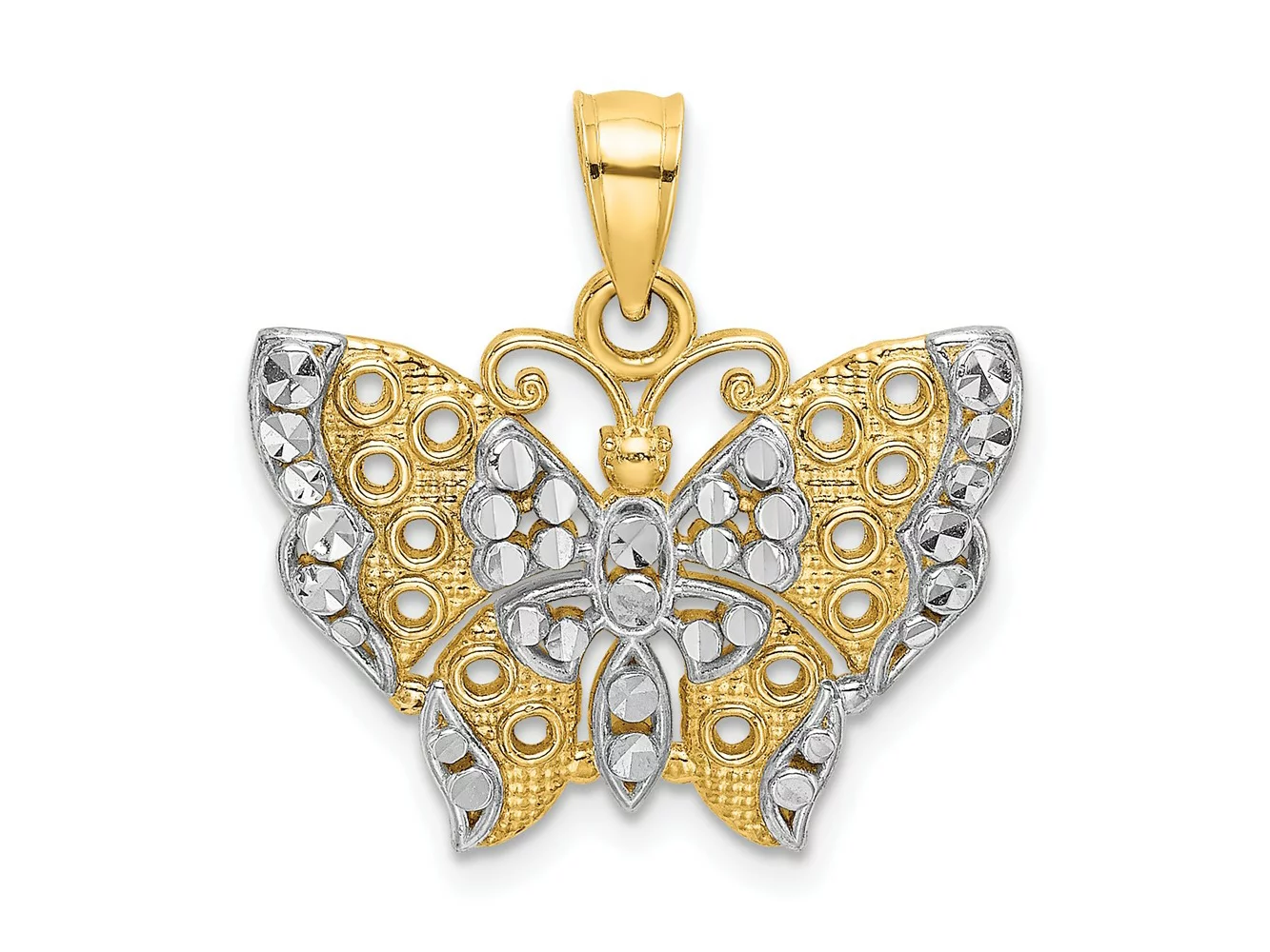 FJC Finejewelers 10 kt Yellow Gold Bright Cut with Rhodium Butterfly with White Edge and Cut-out Wings 20 x 19 mm