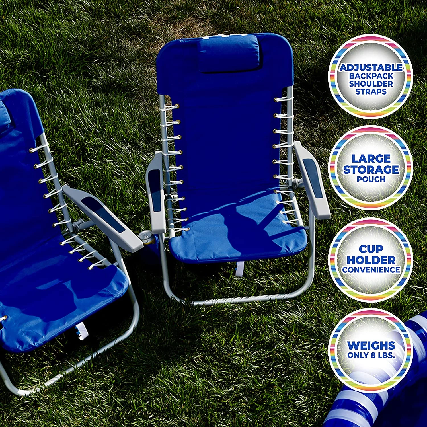 RIO BEACH 4-Position Lace-Up Backpack Folding Beach Chair Light Blue Nautical